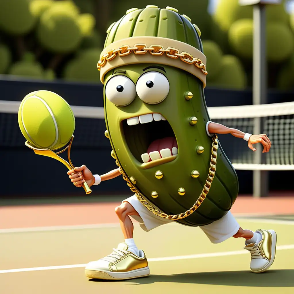 Create a cartoon image of a competitive pickle with a head band on and gold sneakers and gold chain. He's on a tennis court playing pickle ball