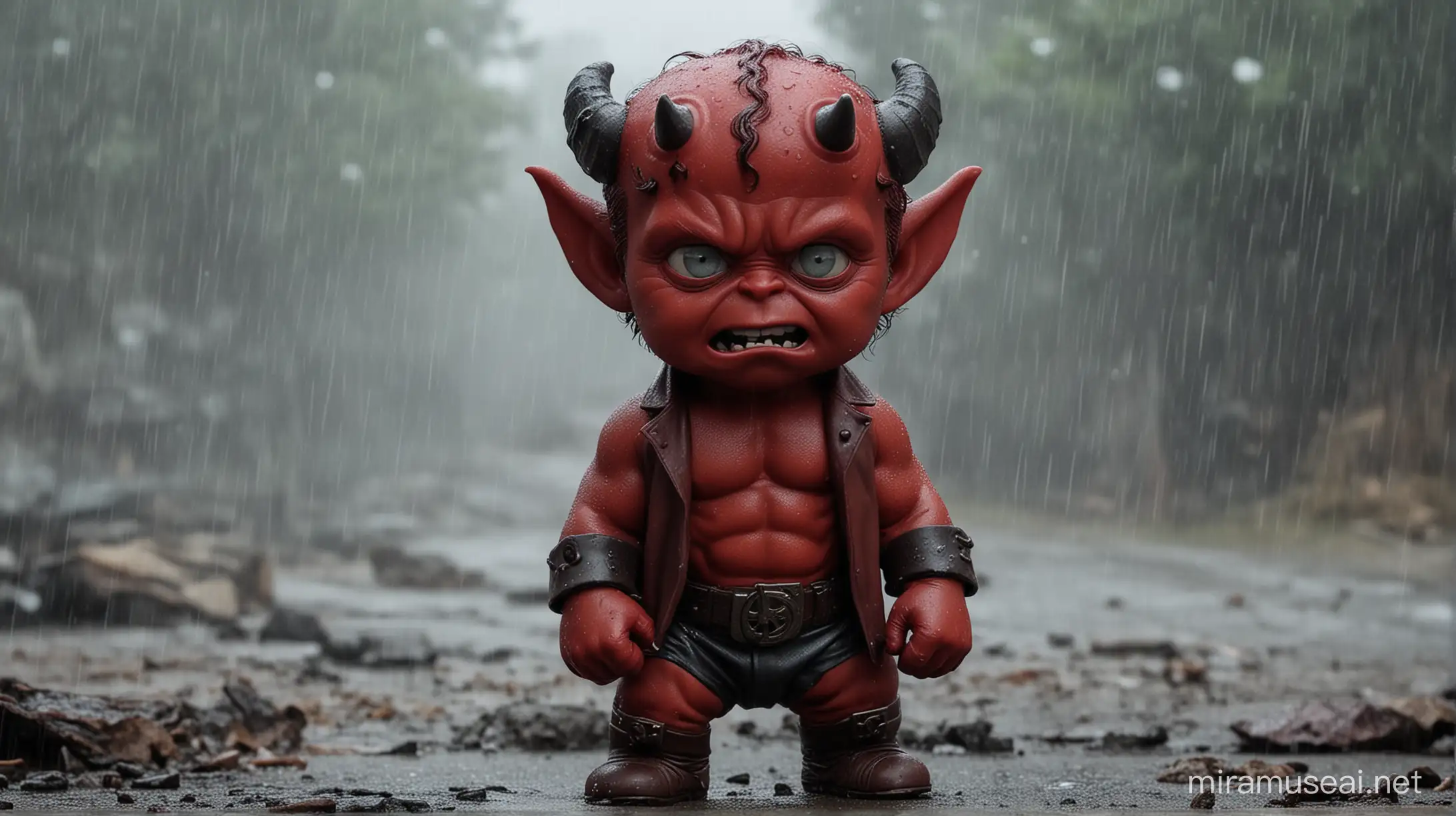 Baby hellboy  with horns like devil besides him big  hellboy screaming in bad weather 