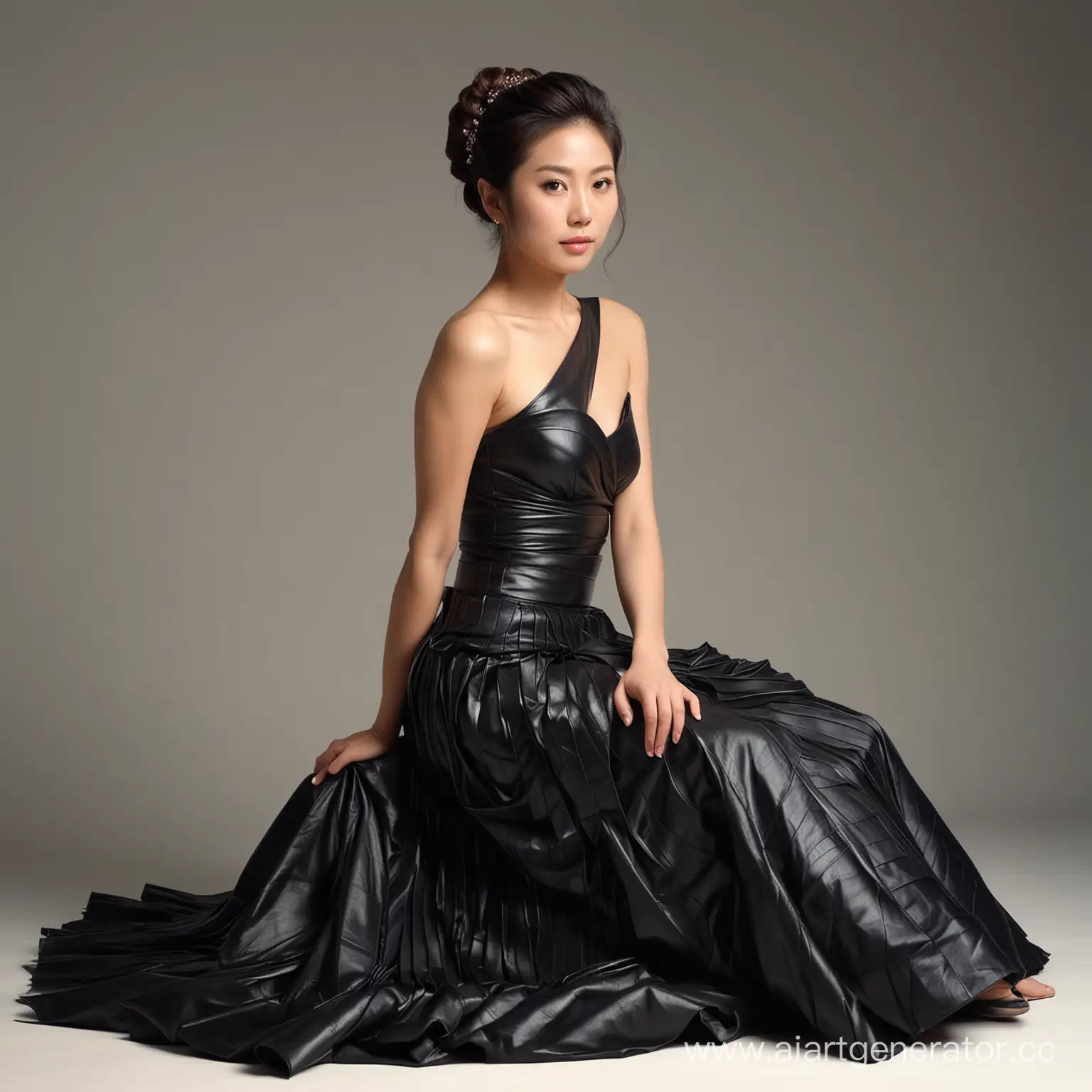 Japanese woman, approximately 30 years old, exuding elegance, seated gracefully on the floor, adorned in a long leather skirt that cascades around her, contrasting with the soft textures of a minimalist setting, hair styled in intricate updo, soft ambient lighting highlighting the contours of her attire, composition focused on the nuances of her posture and expression, dramatic lighting, ultra fine, digital painting.