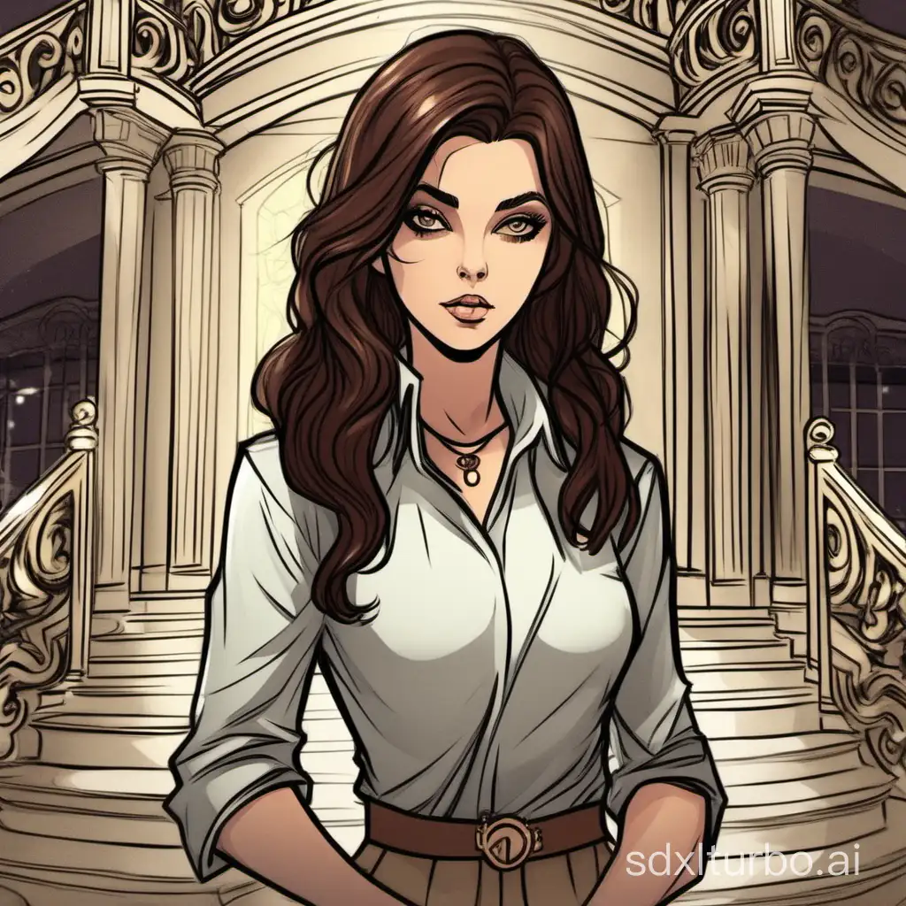 Draws a brunette girl with brown hair in a mansion where she finds many mysterious riddles to solve