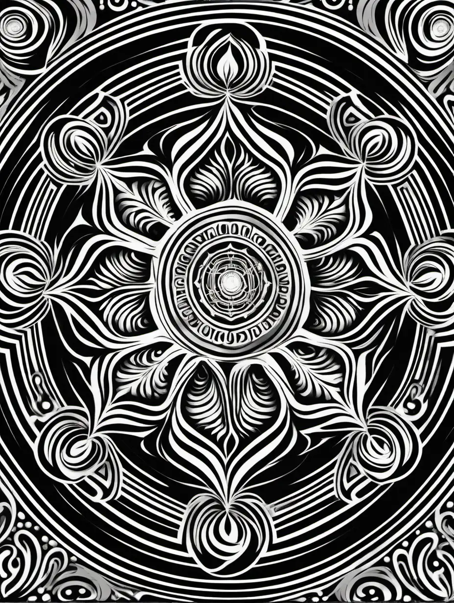 A mandalla pattern in black and white and encorporates water, fire, air and earth. 