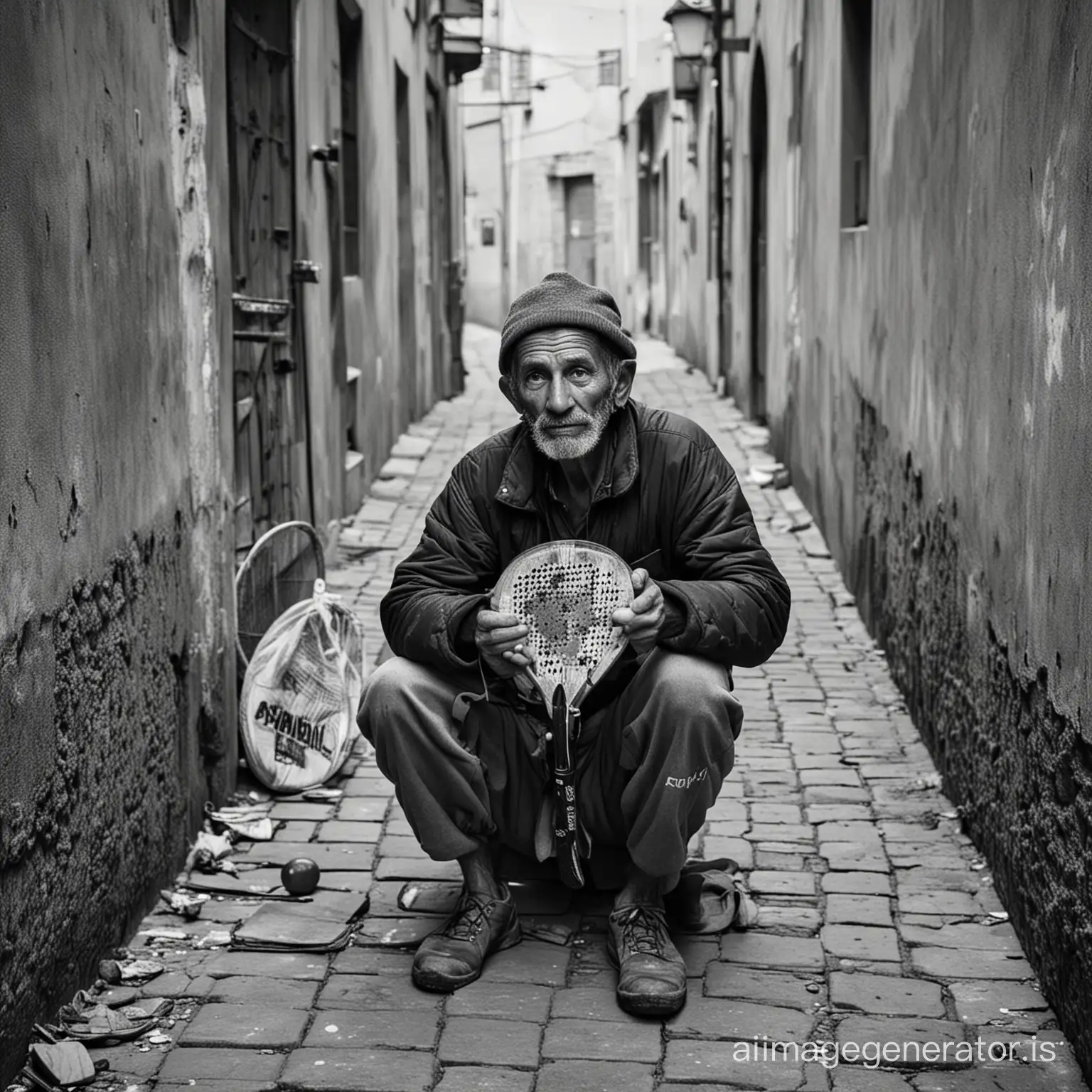 A Romanian beggar with a real padel racket in a dirty alley in TIMISOARA