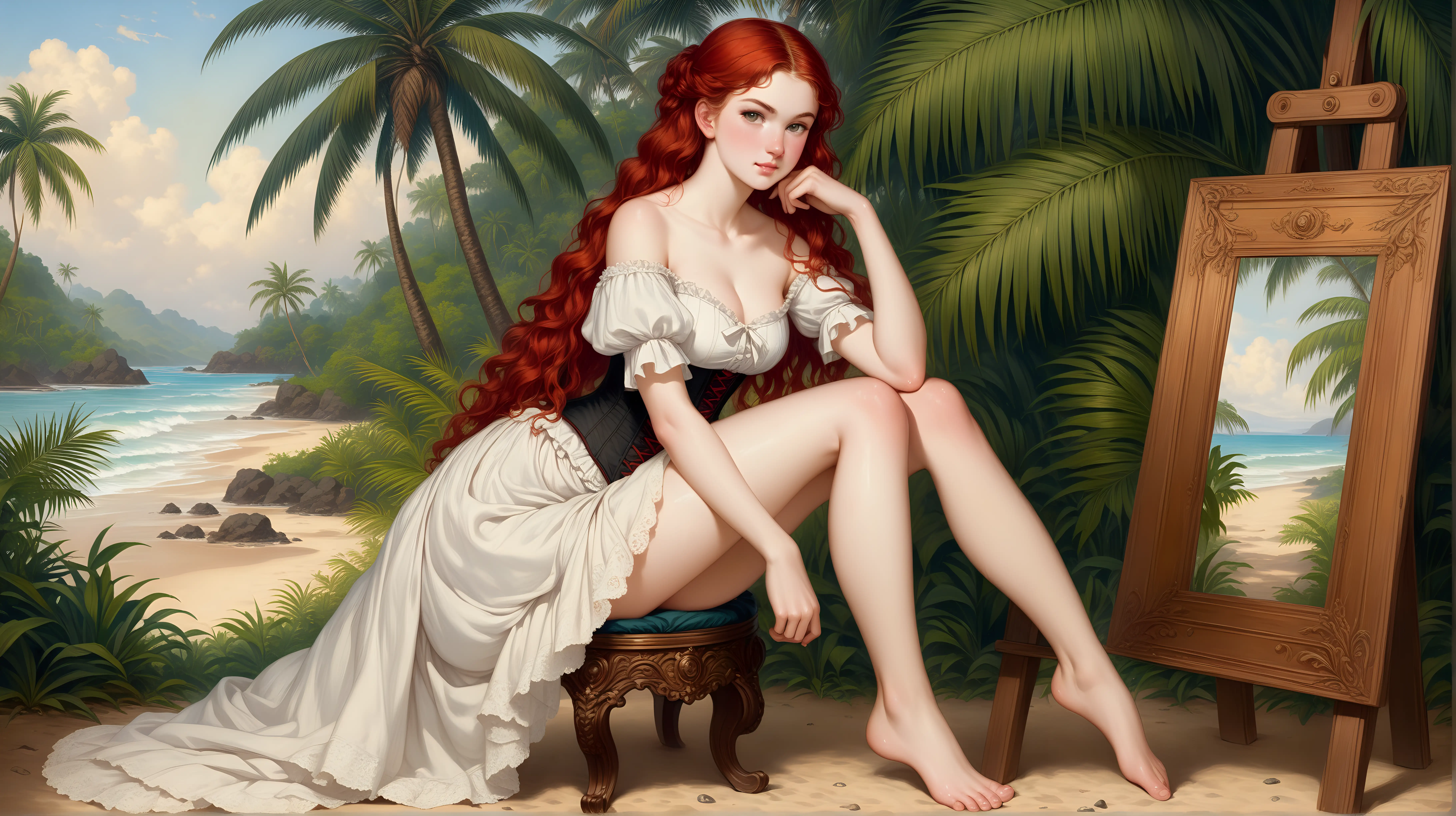 22 year old Young British wife 1880s,  in the tropics, hot, sweaty skin, carte de visite, corset, very cute face, curly red hair, long legs, bare feet, full body portrait, highly detailed oil painting