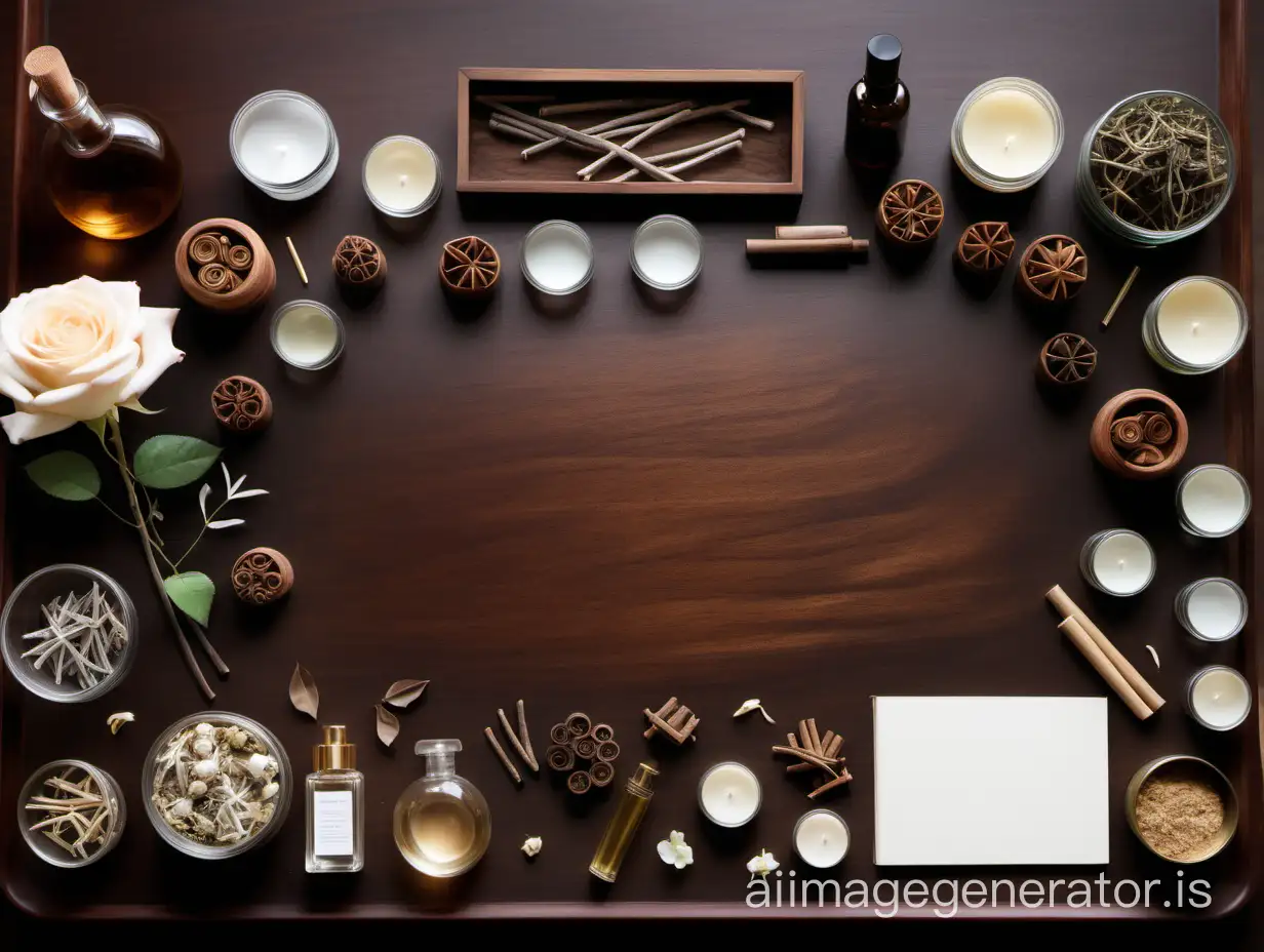 a wooden table with glass lab equipment and perfumery ingredients like sandalwood, myrrh, roses, jasmine flowers, vetiver and vanilla pods around the edge of the table and a blank workspace in the middle of the table