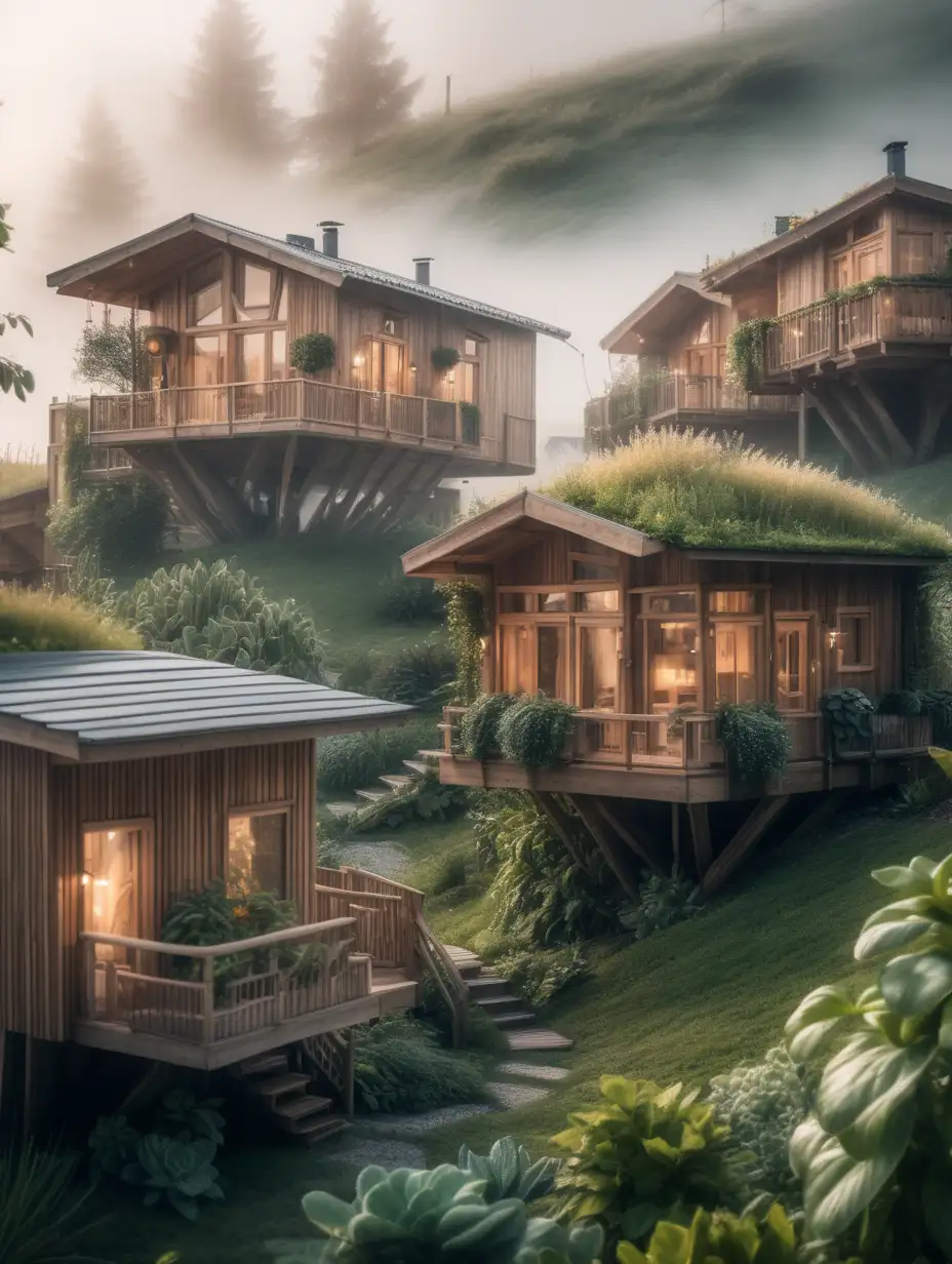 Fantasy Urban Landscape Wooden and Futuristic Houses with Soft Light and Lush Vegetation