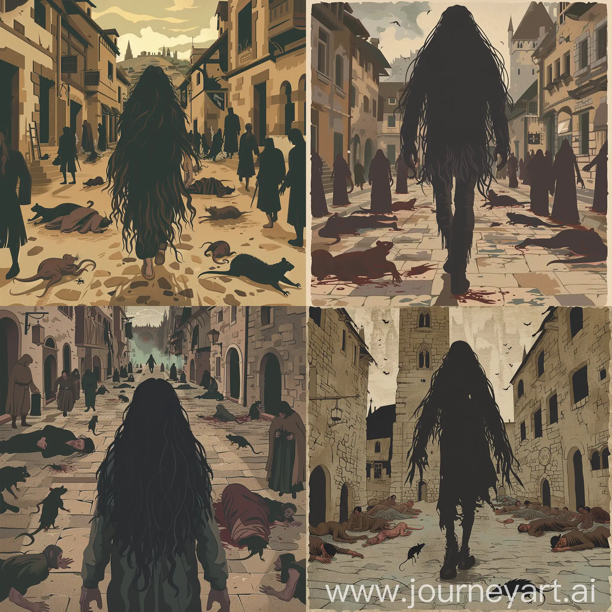 minimalistic illustration in swampy shades. stately man with black long hair in the center, he can be seen from head to toe, the man is walking through a medieval town, sick townspeople are lying around, rats are running along the sidewalk. depressing atmosphere
