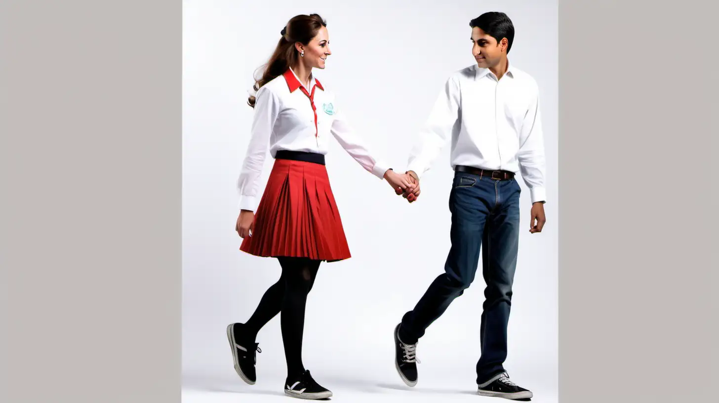 Young andean indian man black T-shirt and jeans and black sneakers, walks and holds hands with Kate Middleton schoolgirl uniform long sleeved white cotton blouse red pleated skirt ,  in very brightly white background