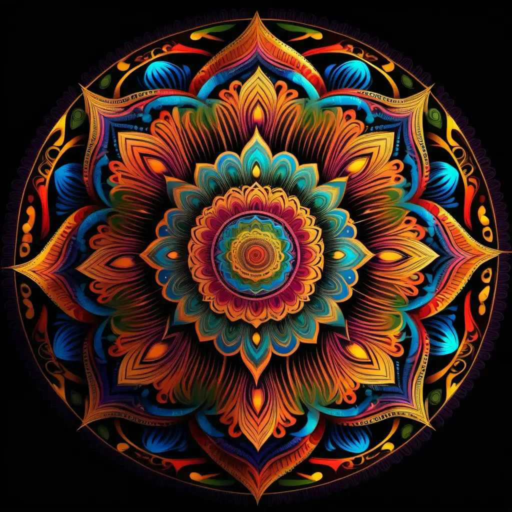 Vivid Exotic Mandala on Elegant Black Background