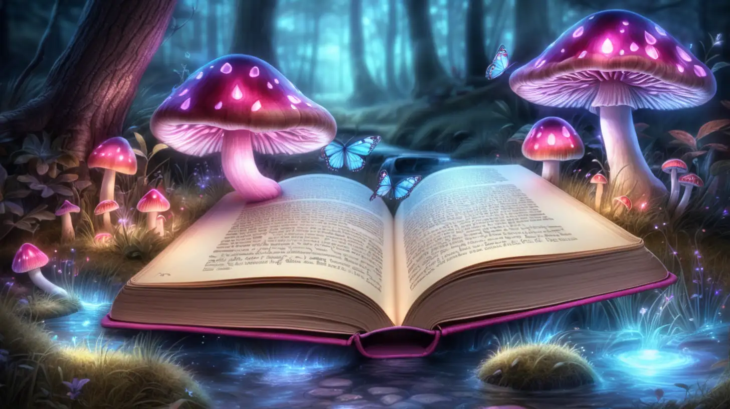 magical book-glowing with red-pink--purple-blue-glowing-mushrooms-growing out of it, fairytale-magical trees and a magical stream and butterflies