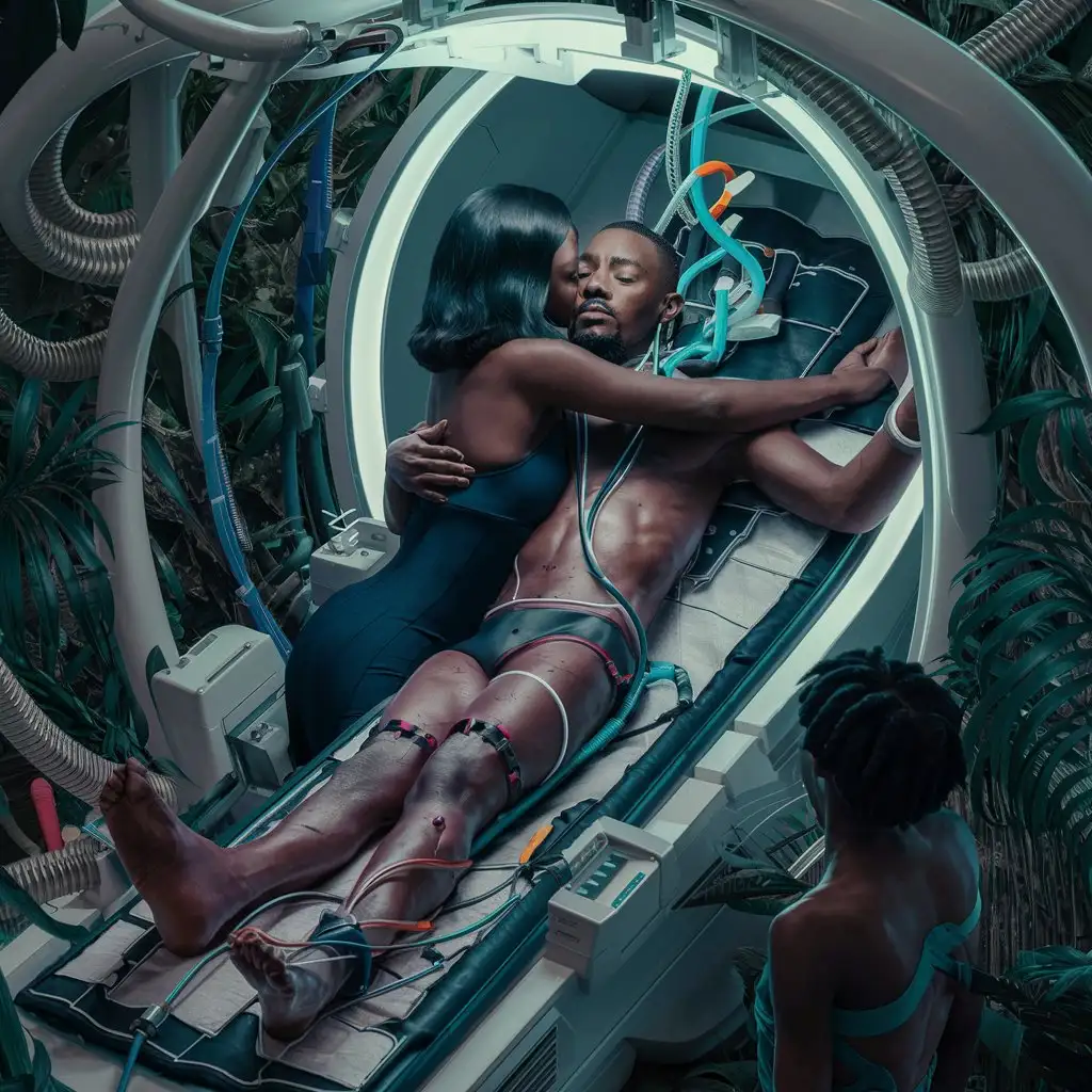  an image for you that depicts a black woman with smooth hair standing next to a man stretched out in a medical pod in a jungle, hugging him. The scene is set in a futuristic environment, featuring a nonbinary model, and gives the impression of being an official screenshot. The man’s body is connected to tubes and wires, inspired by Joel Shapiro’s art style, and includes elements of pandora and digital health.