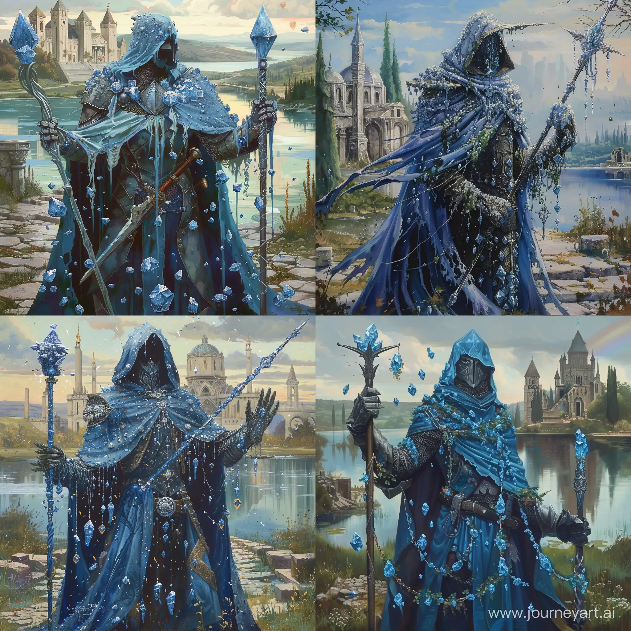 illustration, art, fantasy, a knight magician with a staff and a sword in different hands, the painting is made in a traditional style, calm colors, the cloak of the knight magician is made in blue oil colors, calm style, the academy surrounded by a lake is depicted on the background, there are ruins near the knight, there are magic crystals on the sword, the knight himself is a little overgrown with magic crystals, instead of a hood, a knight may have a knight's helmet with inlaid magic crystals