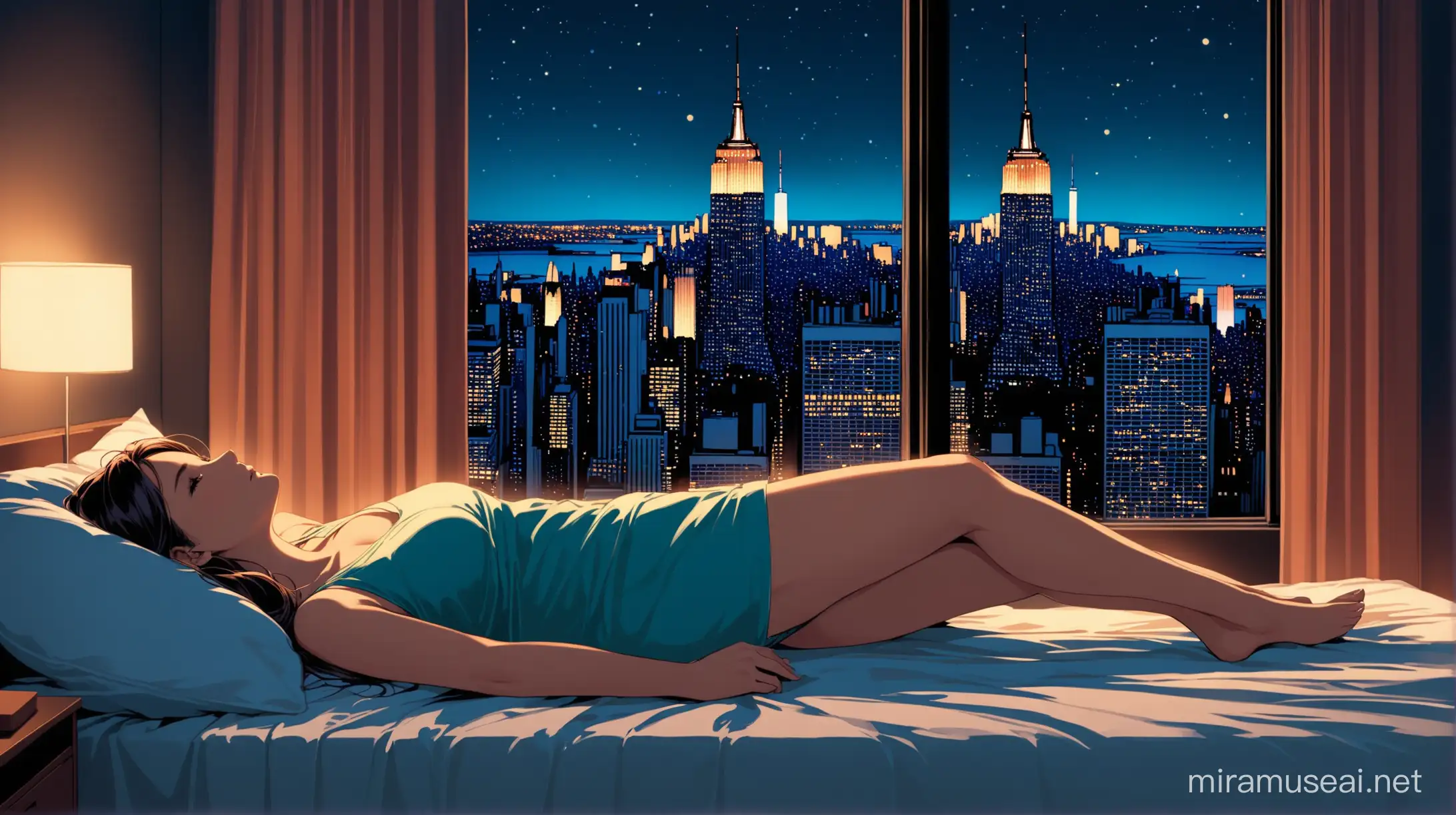 una mujer recostada en su cama viendo el paisaje nocturno de New York