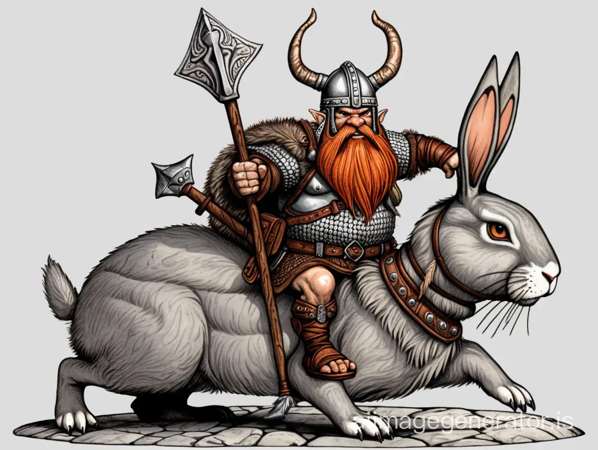 evil dwarf with Viking helmet and spear riding on grey armored rabbit, colored fine illustration