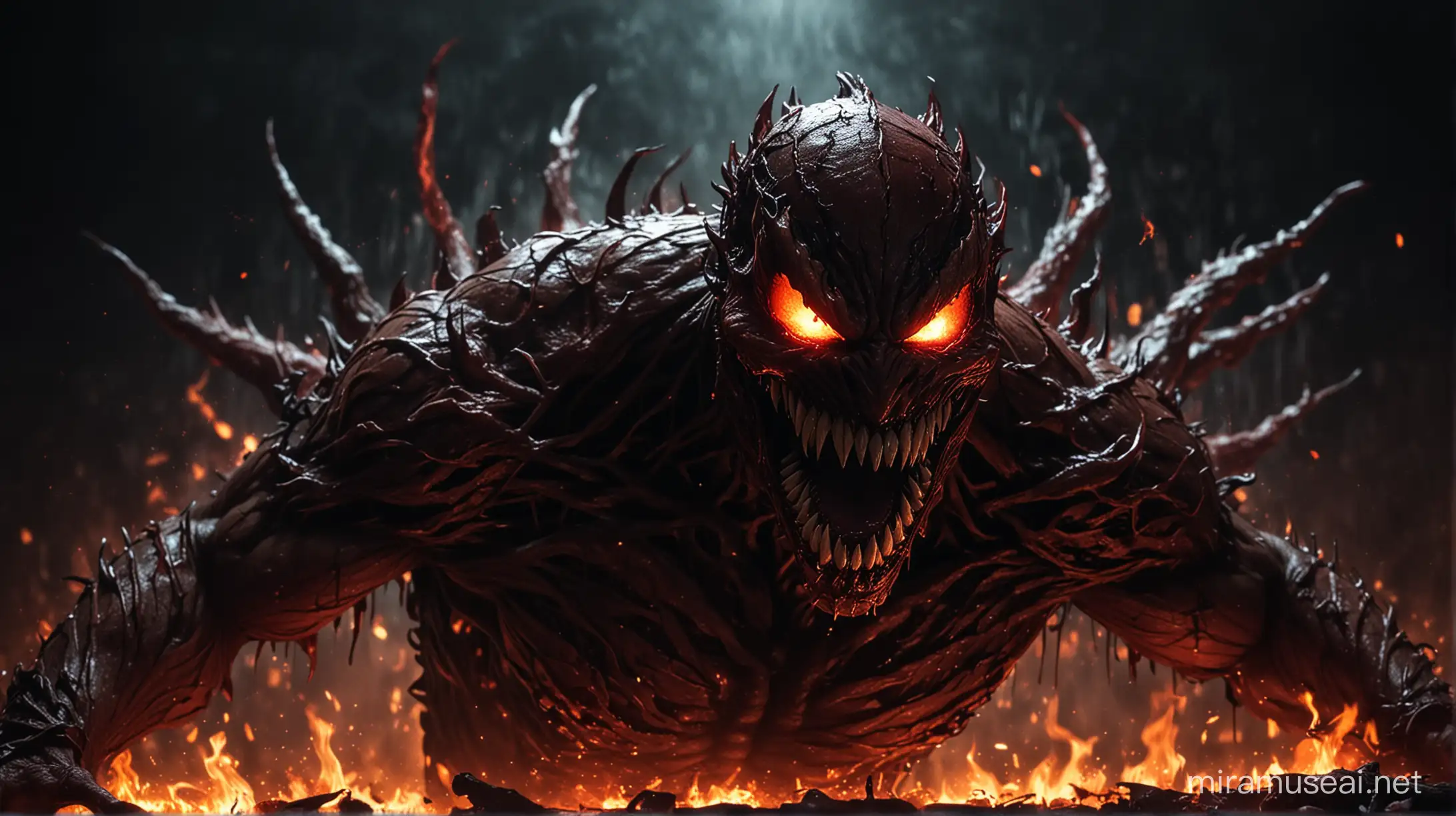 carnage, dark red skin, dark background, grinning, sharp teeth, tilt face down, high contrast, glowing flaming eyes, light from background, dark foreground