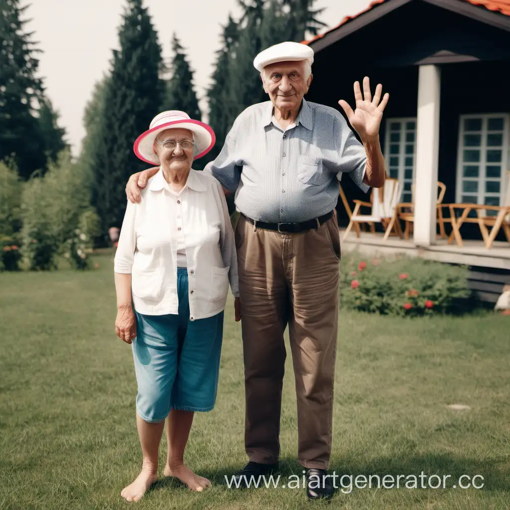 бабушка и дедушка с пятью пальцами на обоих руках  в шляпах, дачных одеждах,  в полный рост. летом на даче. улыбаются. 