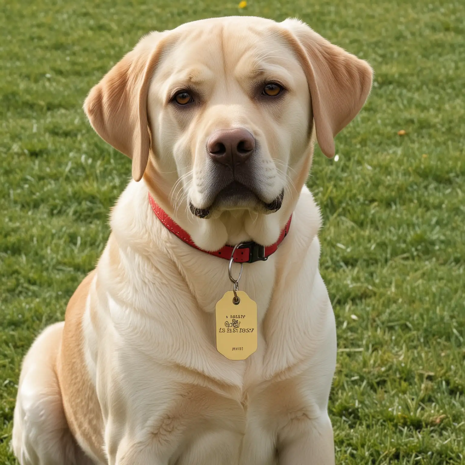 A Labrador Retriever with a shiny tag on its collar.