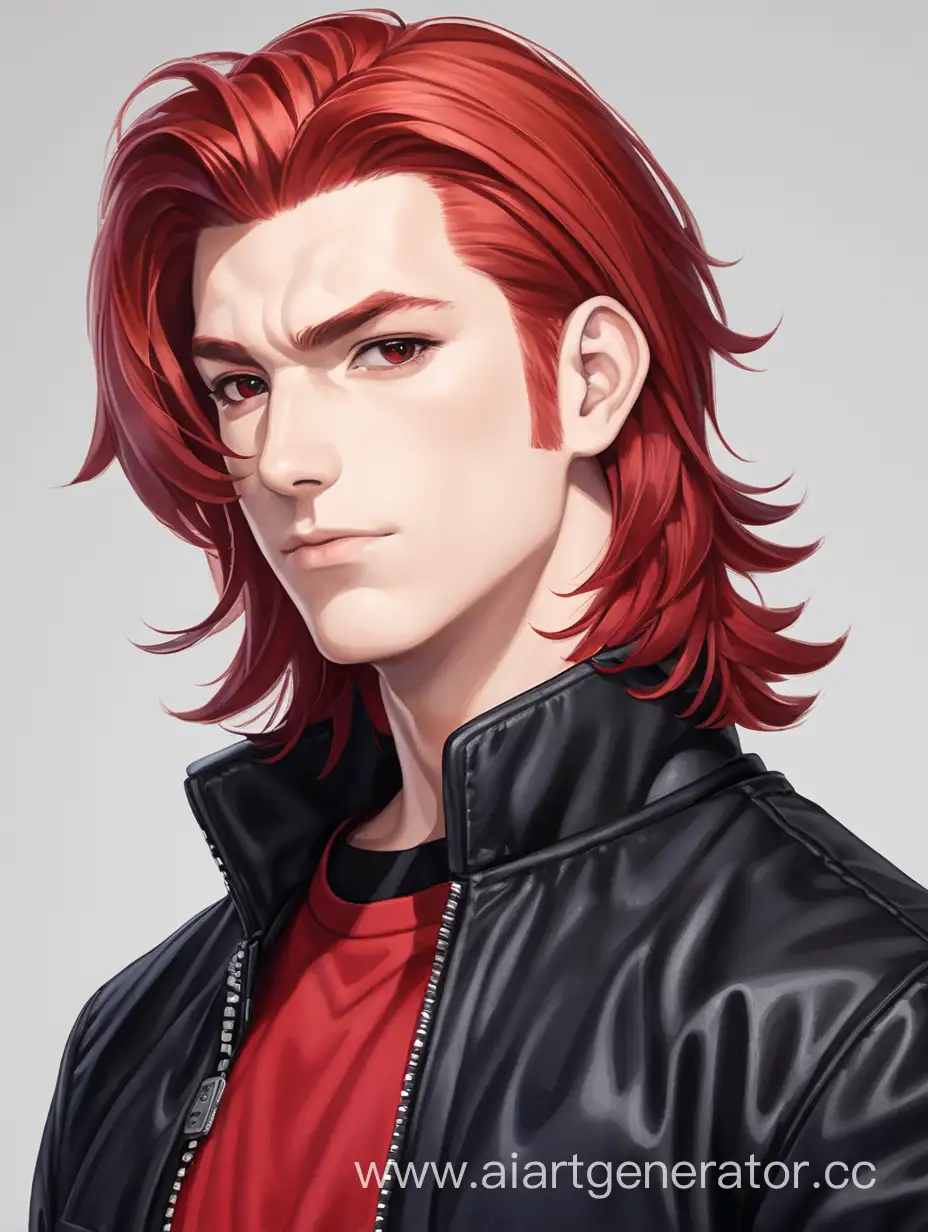 Stylish-Man-with-ShoulderLength-Red-Hair-in-Red-Shirt-and-Black-Jacket