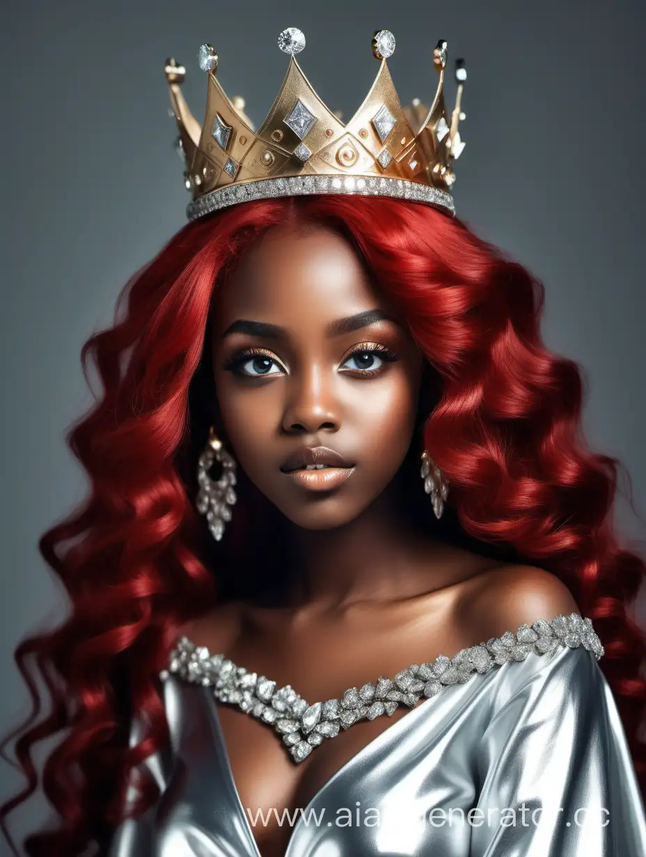 Black girl. princess. Large beautiful eyes. Silver clothes. Golden . Diamonds crown. 8k very high quality. National. Red hair  