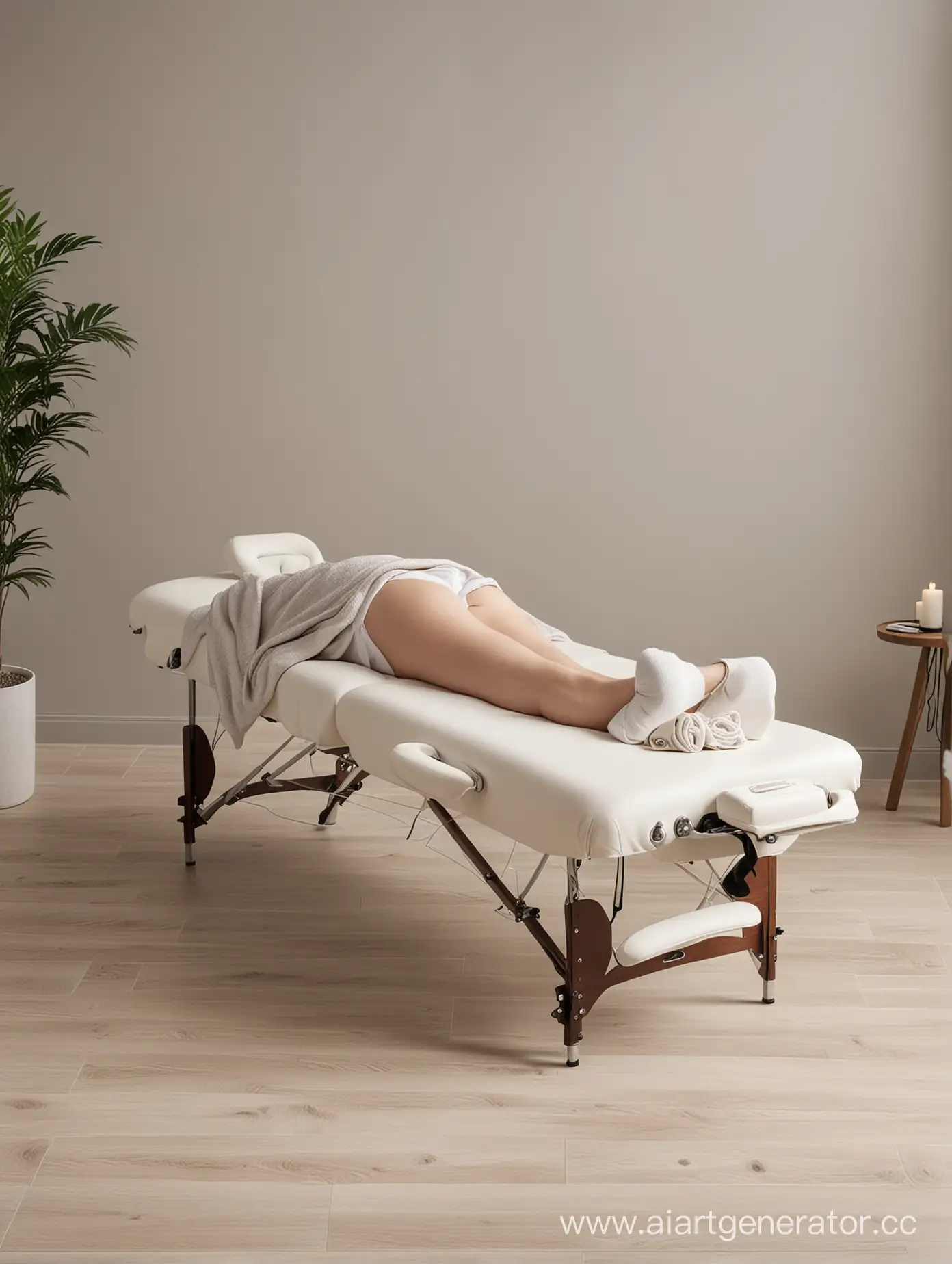 Довольный человек лежит на переносном массажном столе после сеанса массажа в современном дизайне