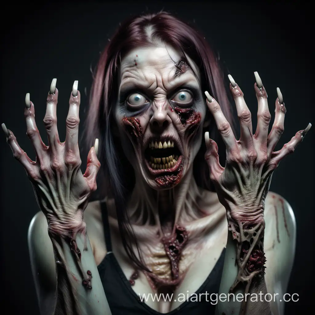 Зомби женщина с ужасными ногтями на руках, руки нормальные с 5 пальцами, без деформации, нападает на камеру в полный рост, гиперреализм