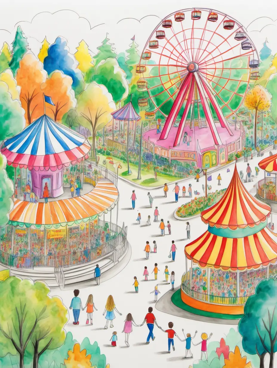 12歲小孩繪畫的家庭和小孩,背景是花園,遊樂園,用歡樂的顏色