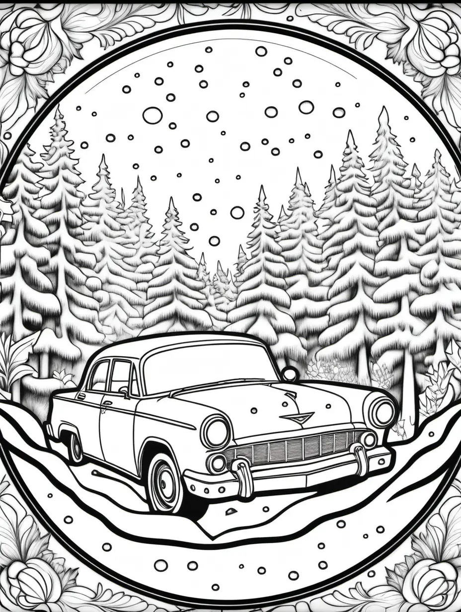 old car coloring book, snow globe framed, floral background, black and white, no shading, no background, thick black outline