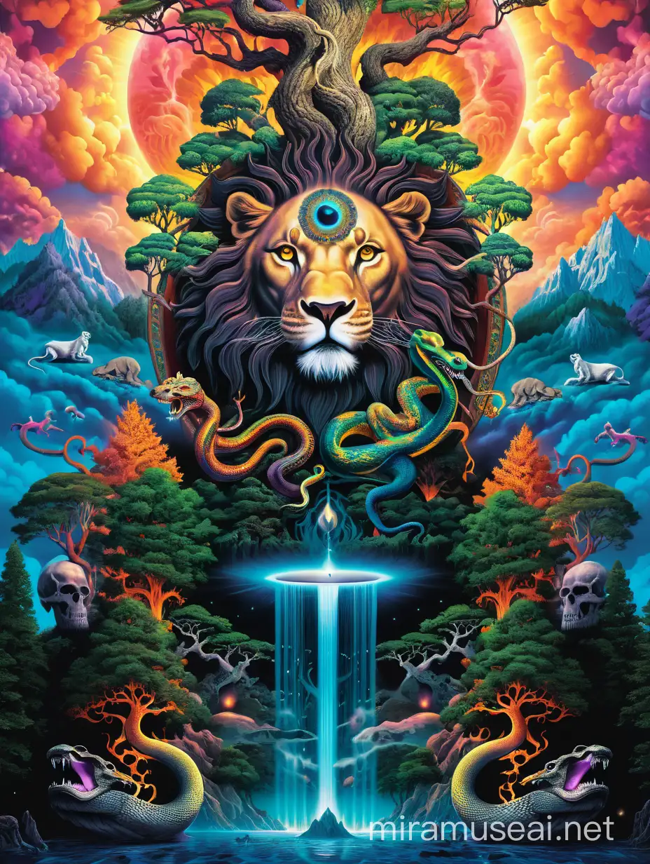 Psychedelic visionary world, 3d hyper detailed vivid, clouds , lion , third eye trishual, snake , forest tress, dead skulls third eye energy both side lamp down side fully dark hell world 