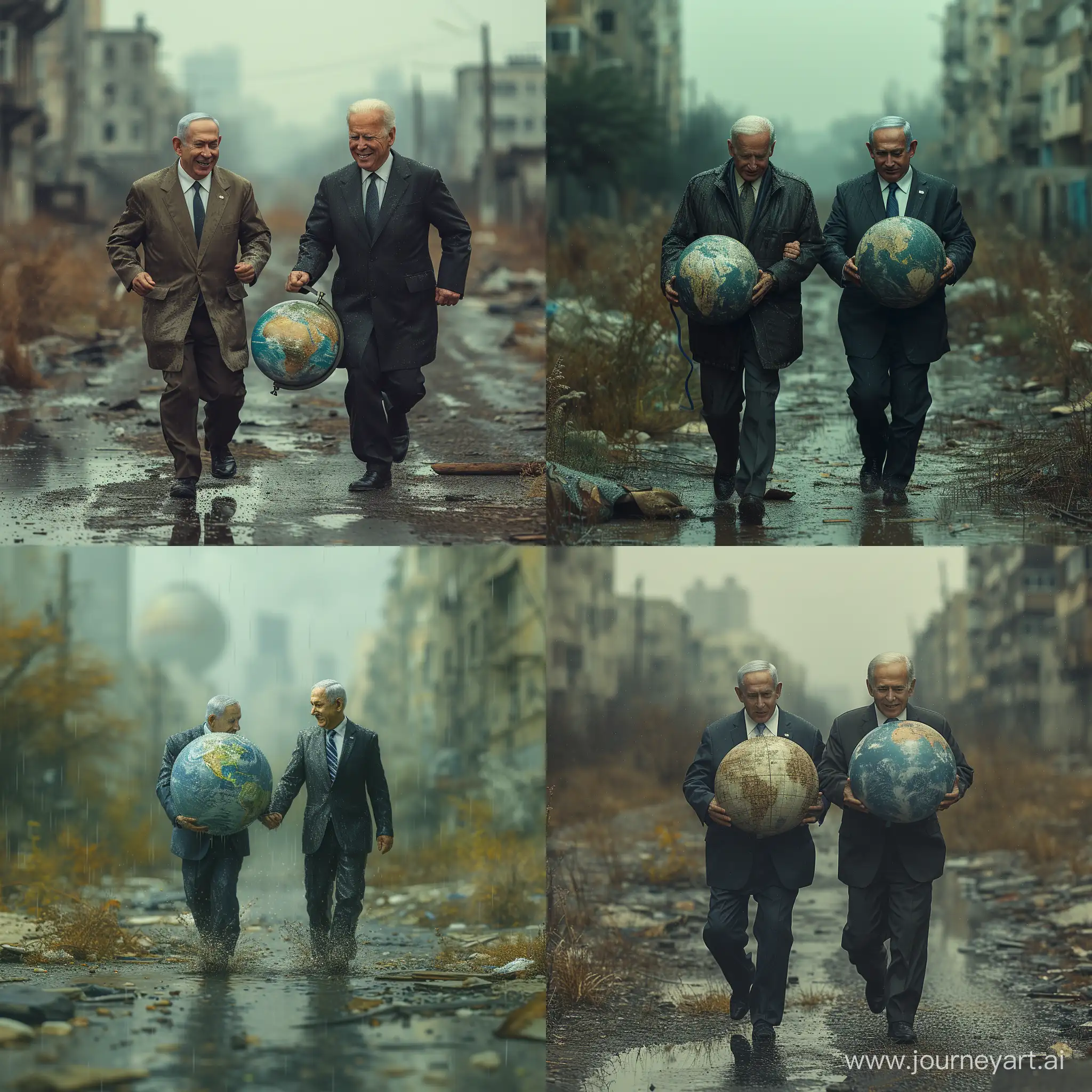 Joe-Biden-and-Benjamin-Netanyahu-Joyfully-Carrying-Globe-in-Abandoned-City-Rain
