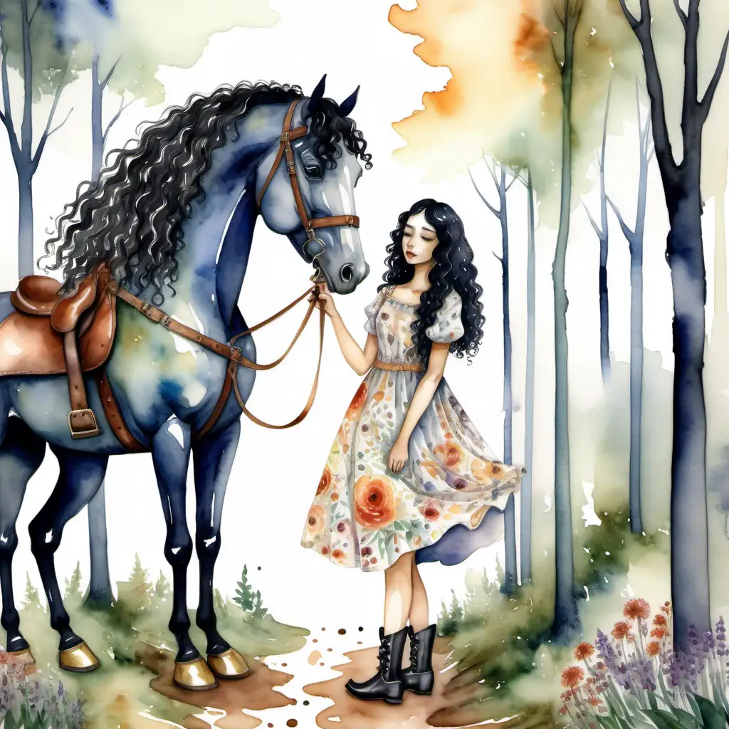 
a watercolour canvas In a forest a black long curly hair girl ,she has mascara & eyeliner, she is wearing wooden shoes with leather studded straps,her body is shaped like an hourglass, she wears a long floral dress  ,she hugs her bay coloured horse with a white blaze on it's  face & whispers her thoughts to the horse. 