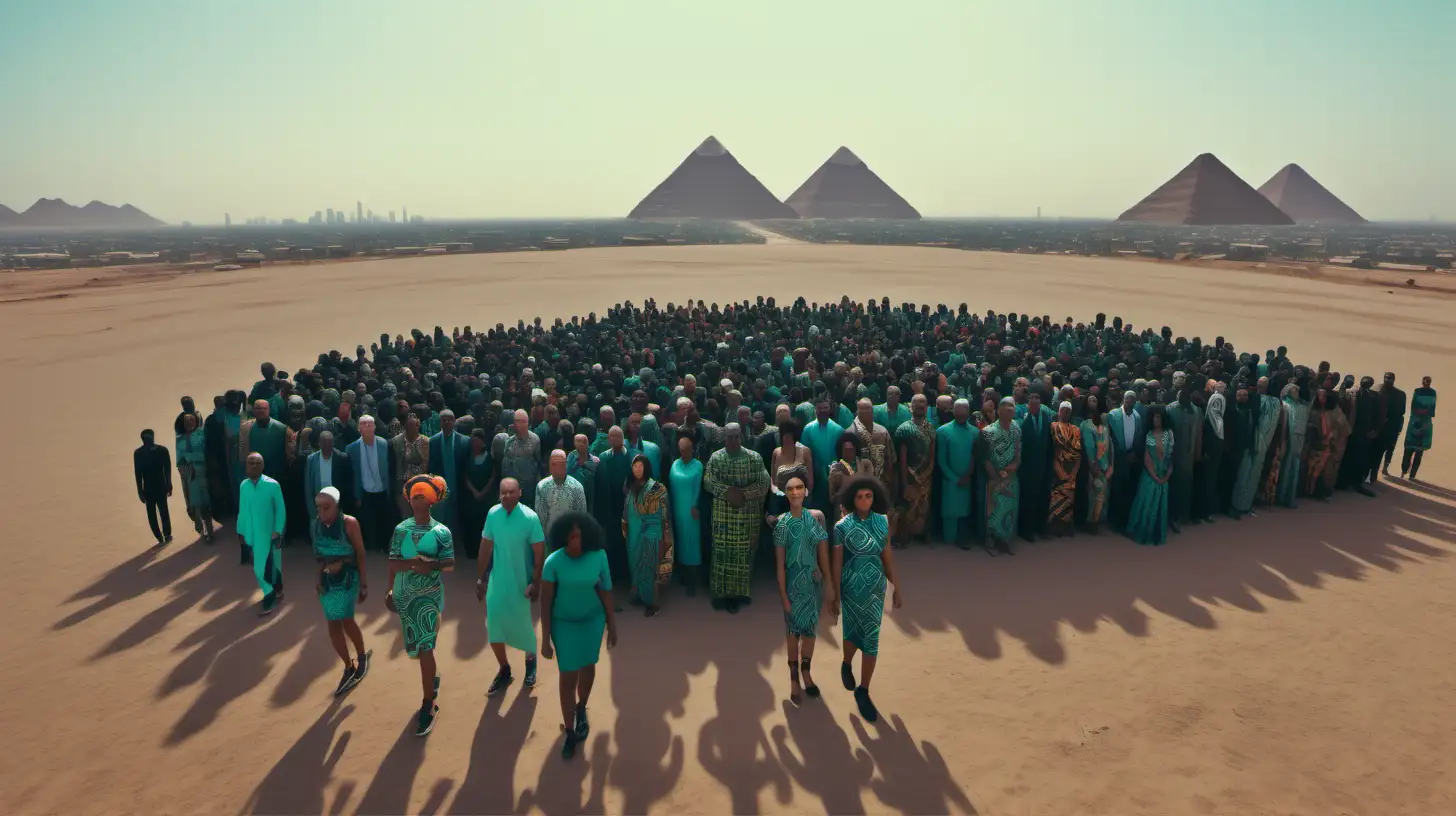 A drone view of a crowd of black people of all skin tones, wearing modern african print clothes, in the desert, A distant city in Egypt in background, Break of Dawn sky in the distance Ultra 4k, high definition, 1080p resolution, lighting is volumetric with a light greenish teal hue