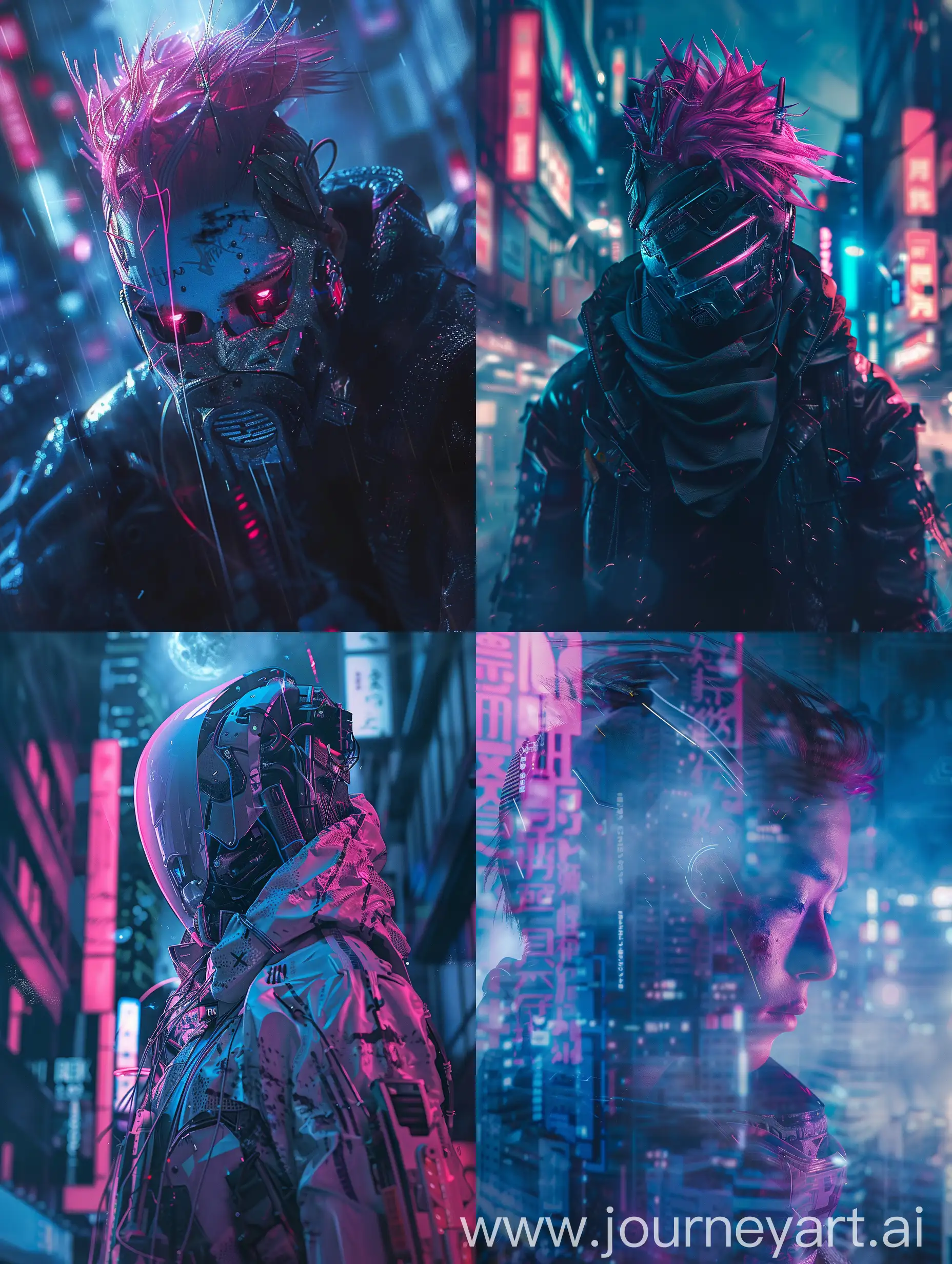 Arrancar ras Bleach, darkness, potrait, realistic, high detailed, cyberpunk concept, with subtle pink and blue gradients, futuristic, Moonlight enveloping attire tech-punk mech-punk cityscape.