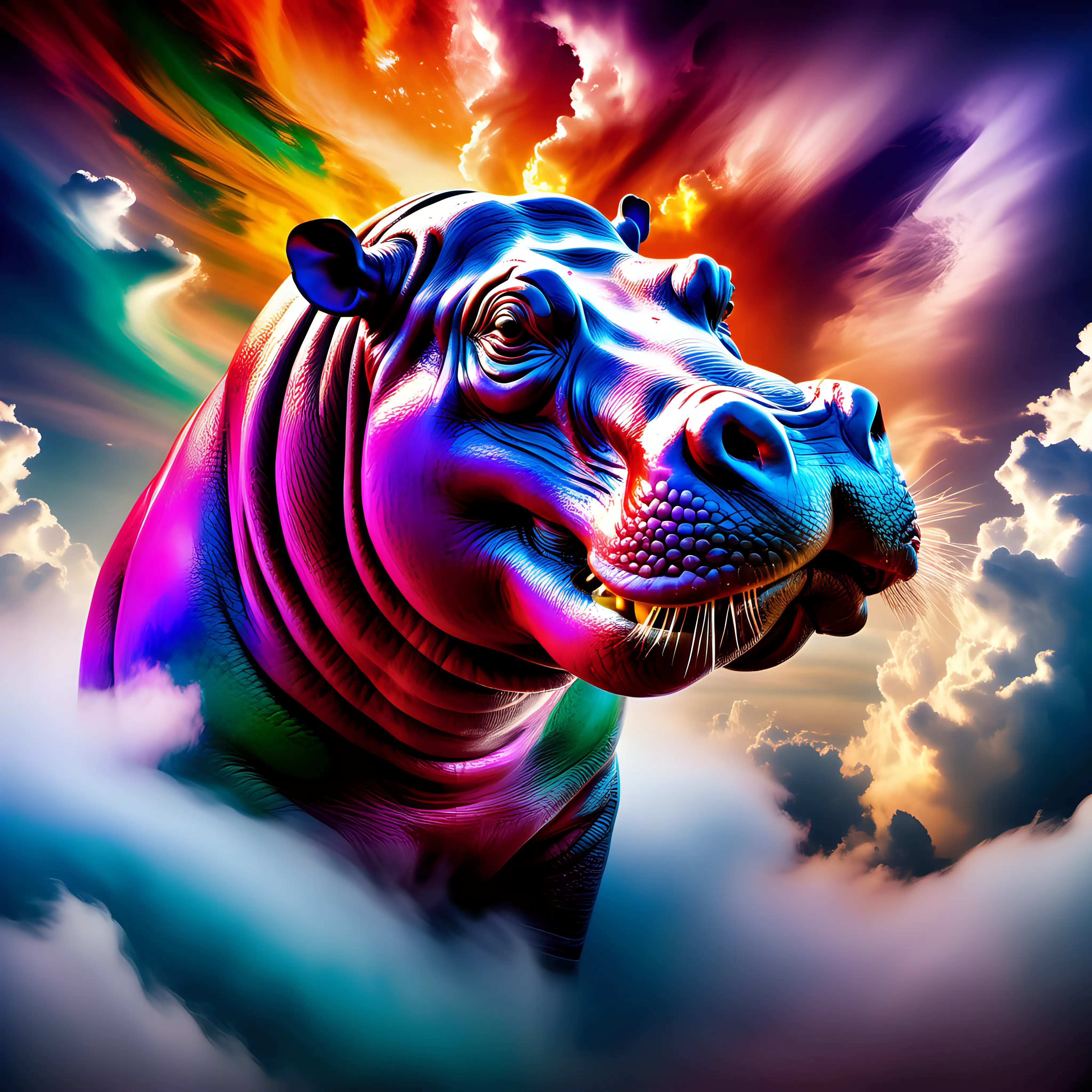 Imagine a breathtaking scene where a vibrant, multi-hued hippopotamus head emerges from a canvas of swirling, iridescent clouds. The hippopotamus head form is vividly painted with a palette of vibrant colors, emanating an aura of raw power and strength amidst the ever-shifting, kaleidoscopic clouds that surround it. Capture the essence of this majestic creature as it stands as a symbol of primal force and beauty within the mesmerizing, colorful expanse of the sky.
