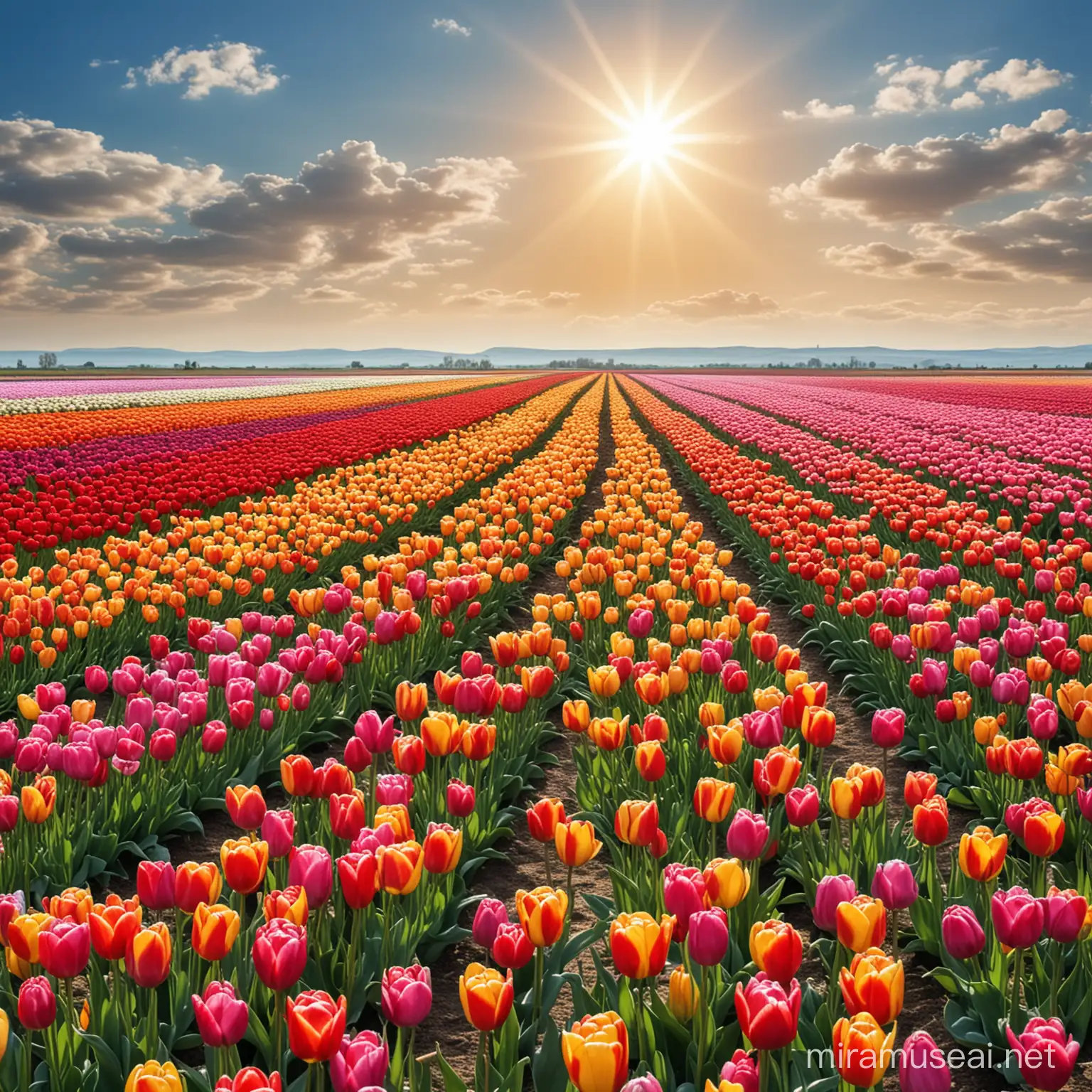 Vibrant Field of Multicolored Tulips Under Sunny Sky with Female Angel