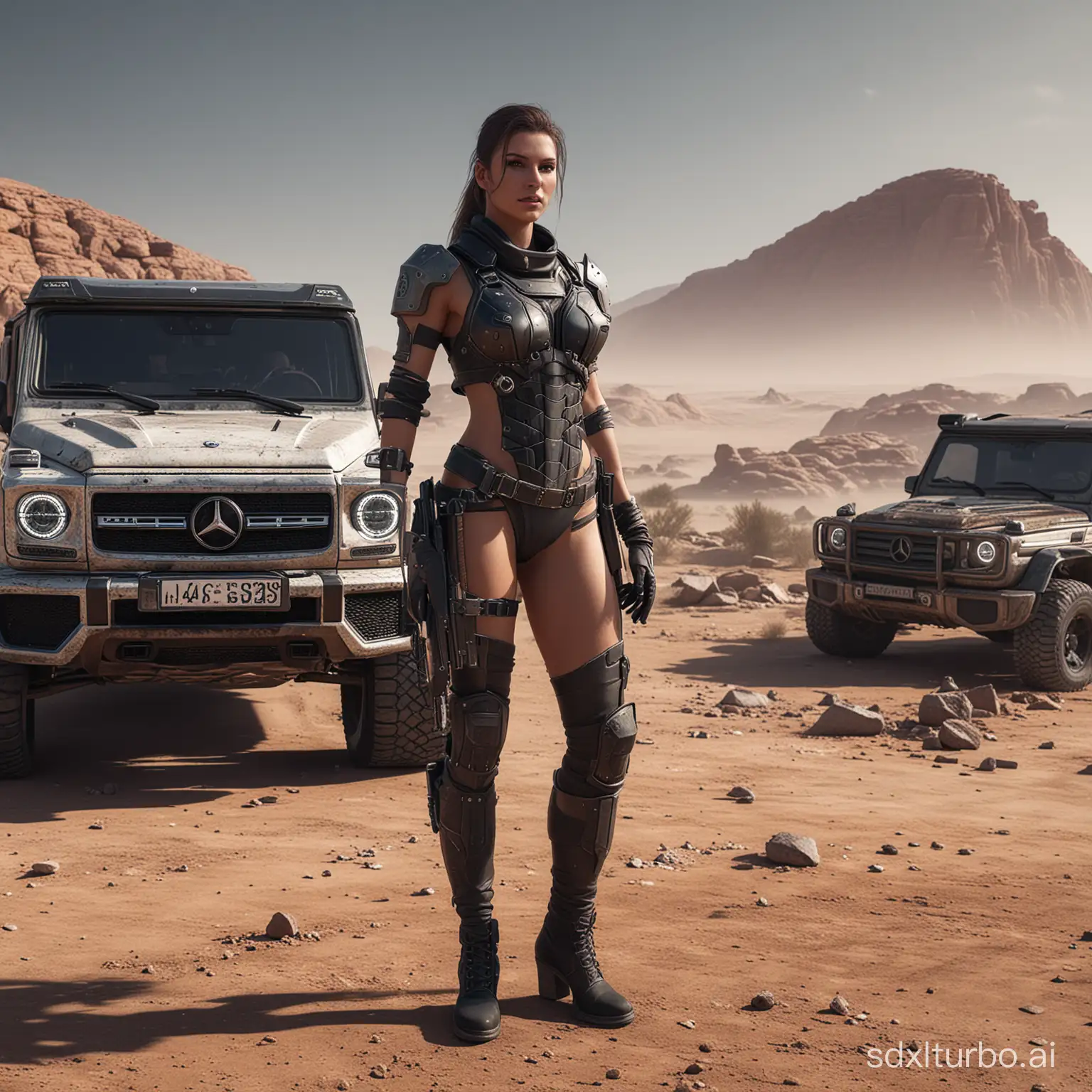 wasteland style female warrior in front of Mercedes Benz G63 2023 style,Black,Tech style，mps coupe, old model,c4d,oc,render,3D,8k,
