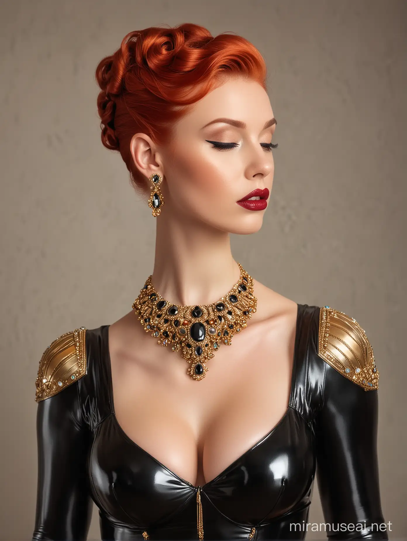 A beautiful lady with candyred hair in an updo.  The hair is in an artdeco style updo. The lady wears a shiny black latex catsuit and has large breasts.  She wears golden jewelry full of gemstones. 