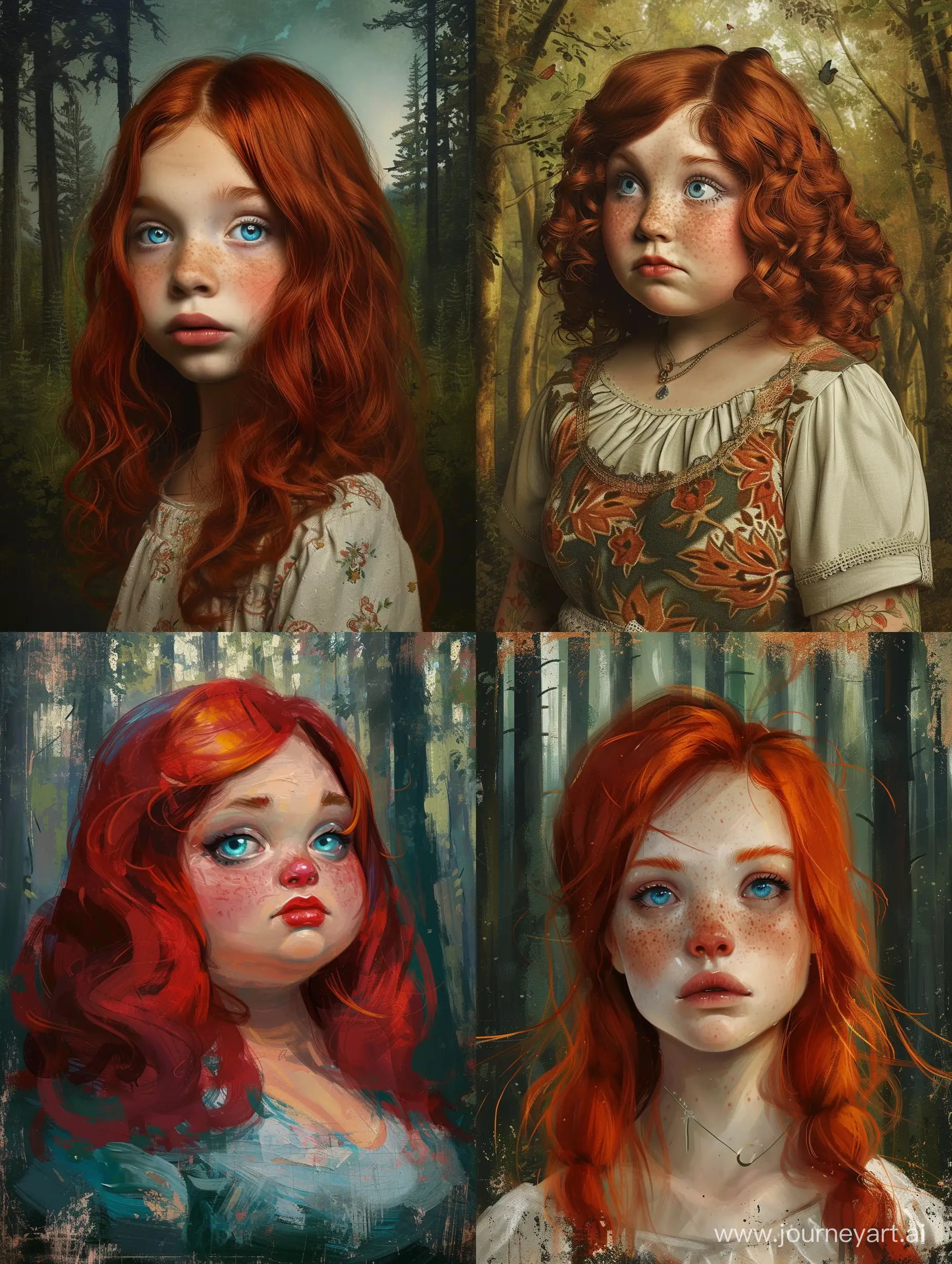 Red  hair young fattest  chubby obese  girl with blu eyes against a forest background, oil painting, classicism, digital art