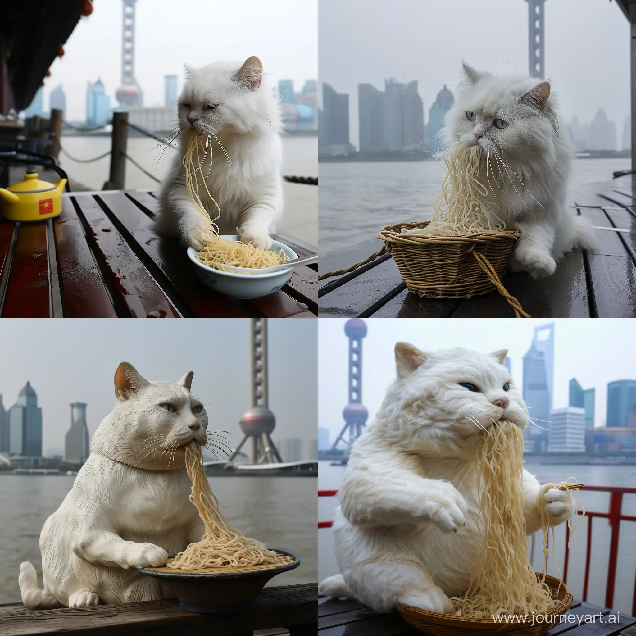 Белый толстый кот на набережной Шанхая ест лапшу