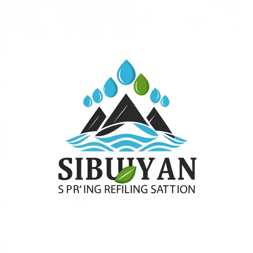 a logo design,with the text "Sibuyan Spring
Water Refilling Station", main symbol:four mountaintop or leaf with water,complex,clear background