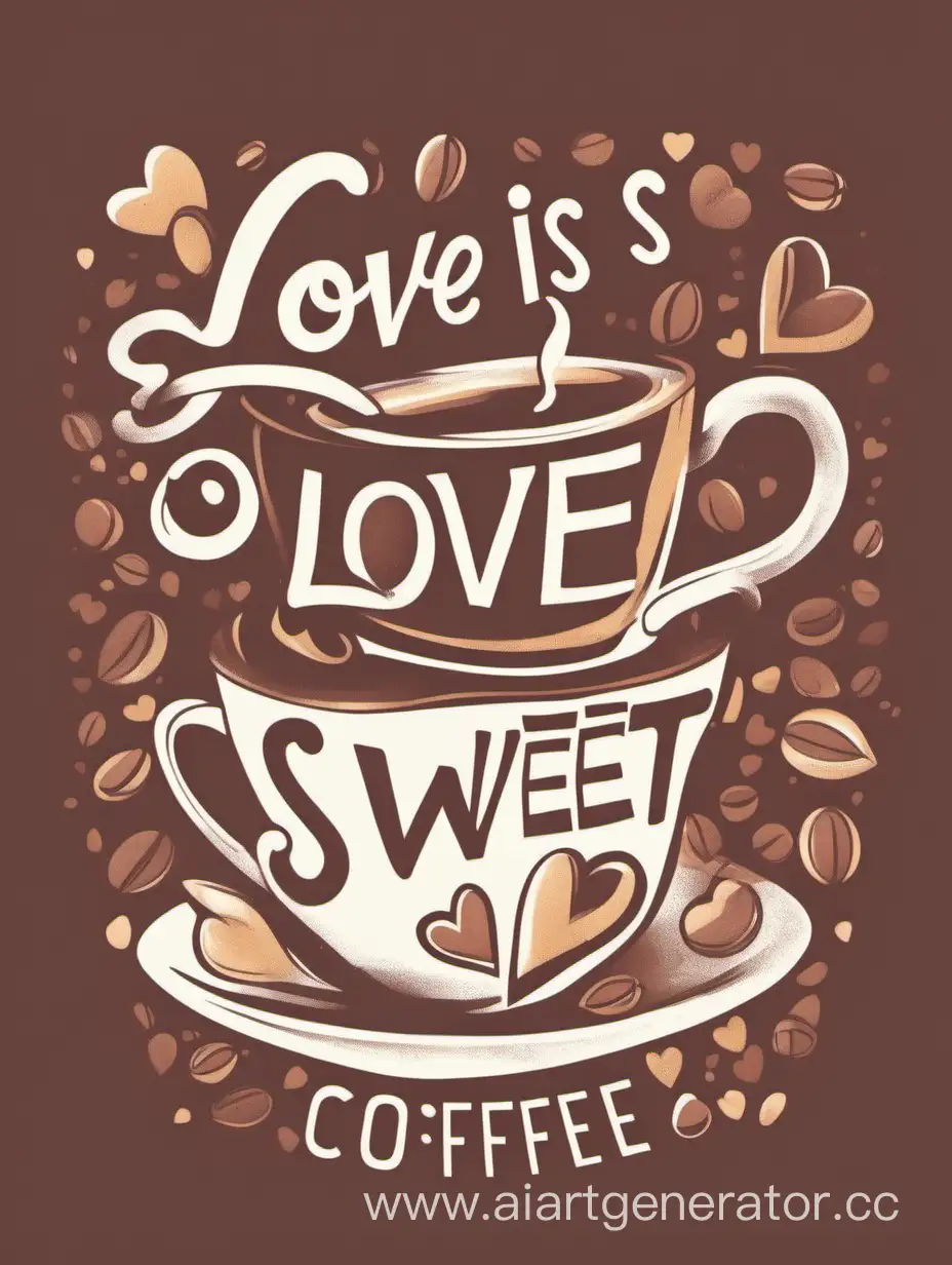 "Create a vibrant and whimsical T-shirt graphic illustration that embodies the charm of the phrase 'Love is sweet, but have you tried my favorite coffee blend?' Let the design reflect the cozy and heartwarming essence of enjoying a cup of coffee, infusing elements of love and delightful coffee aesthetics. Use playful colors and clever imagery to capture the essence of this delightful statement." white background