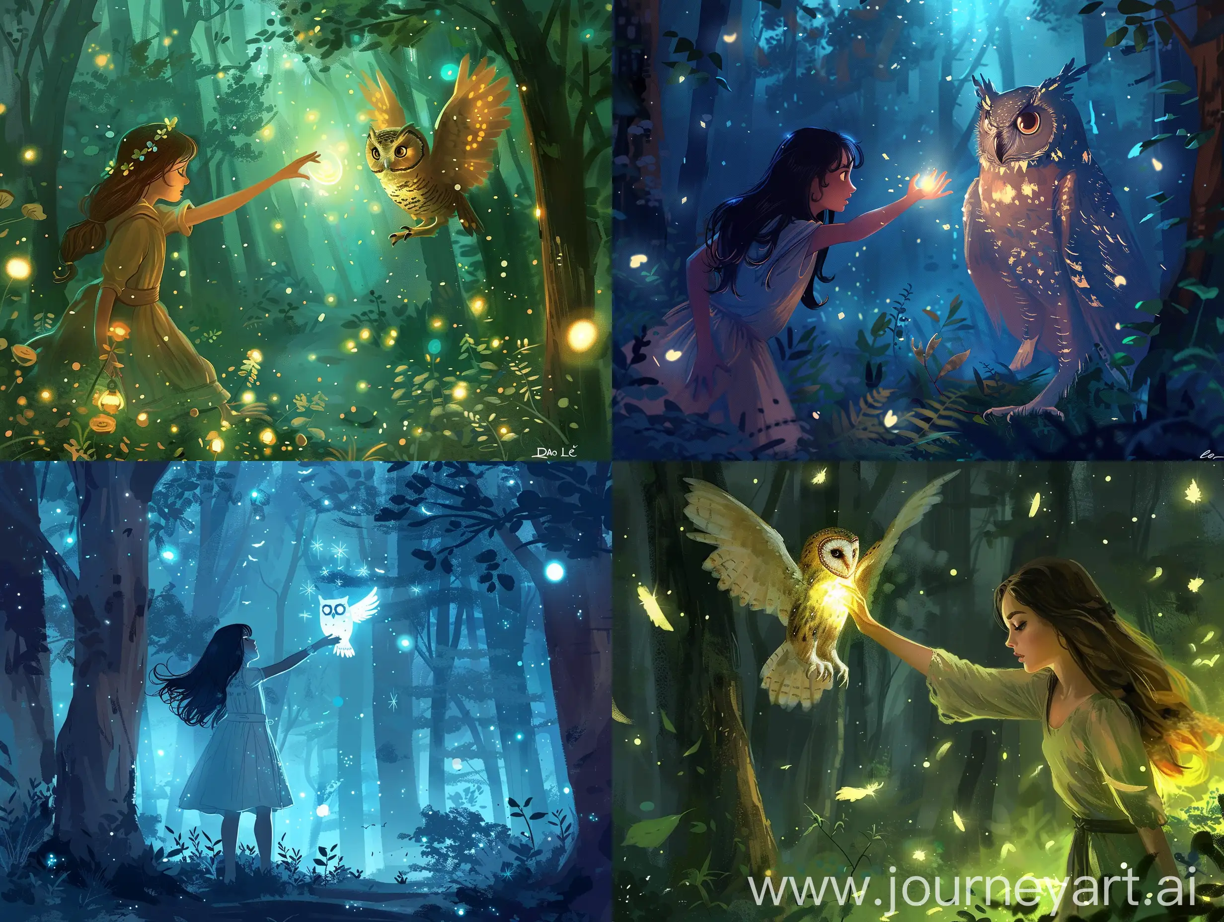 Night forest scene Princess Mage girl reaching to touch glowing owl Dao Le style drawing
