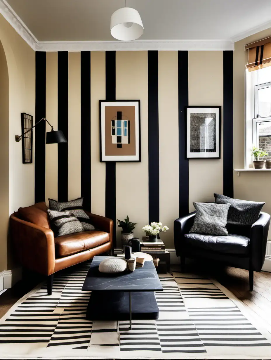 Modern Tan Leather Corner Sofa in Eclectic Living Room with Cubist Print