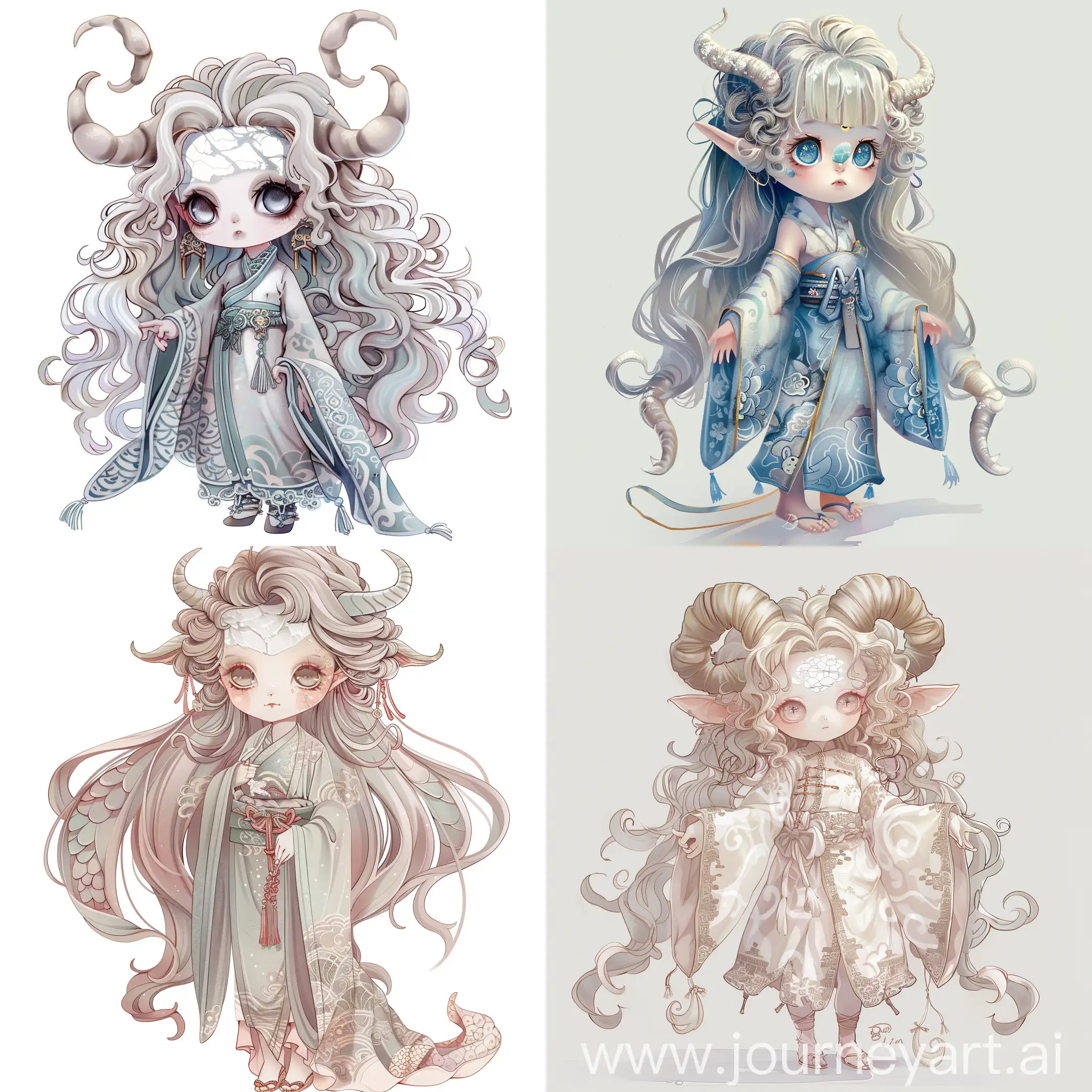 Monster girl, small horns from the forehead, porcelain doll, marble stone pattern on the skin, long hair curly at the ends, oriental style clothes, pastel palette, chibi style, full-length 