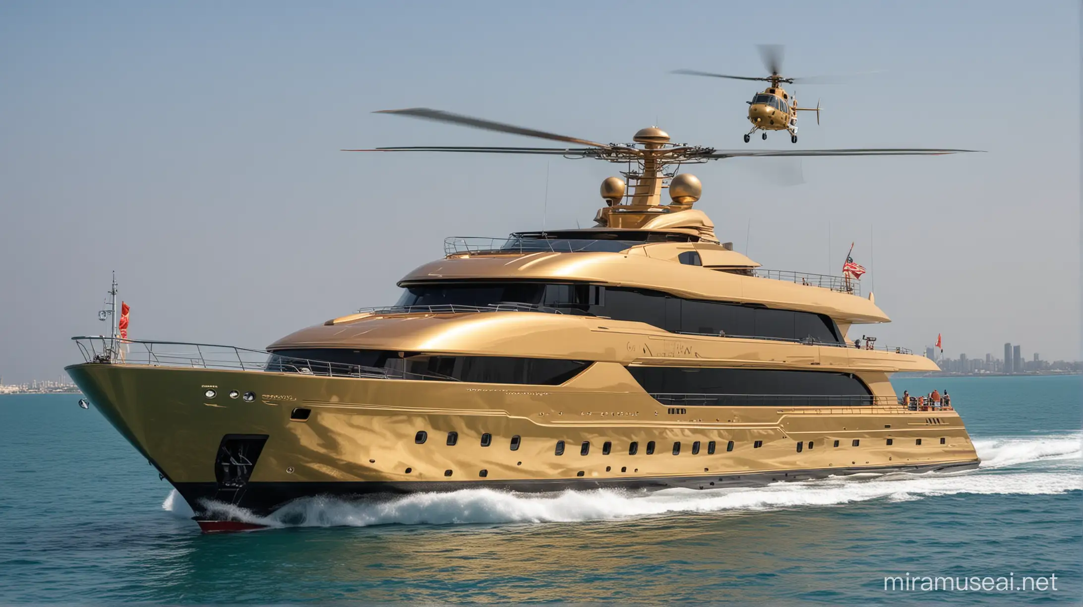 Luxury Golden Yacht with Helicopter Opulent Watercraft with Airborne Elegance