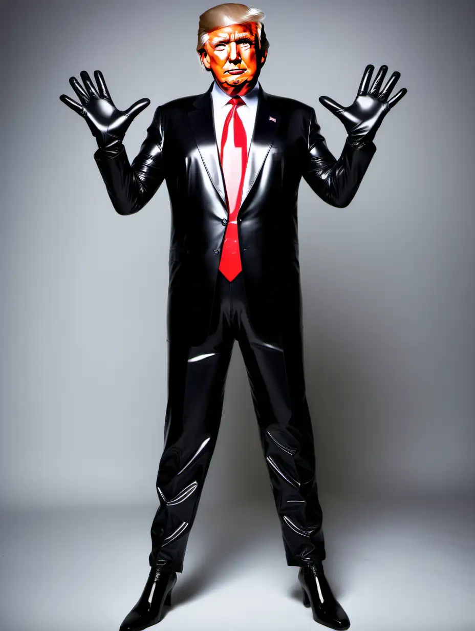 Foto von hautengem Lackbody für Herren. Komplett in schwarz. Angearbeitete Handschuhe und Socken. Gesicht von Donald Trump.