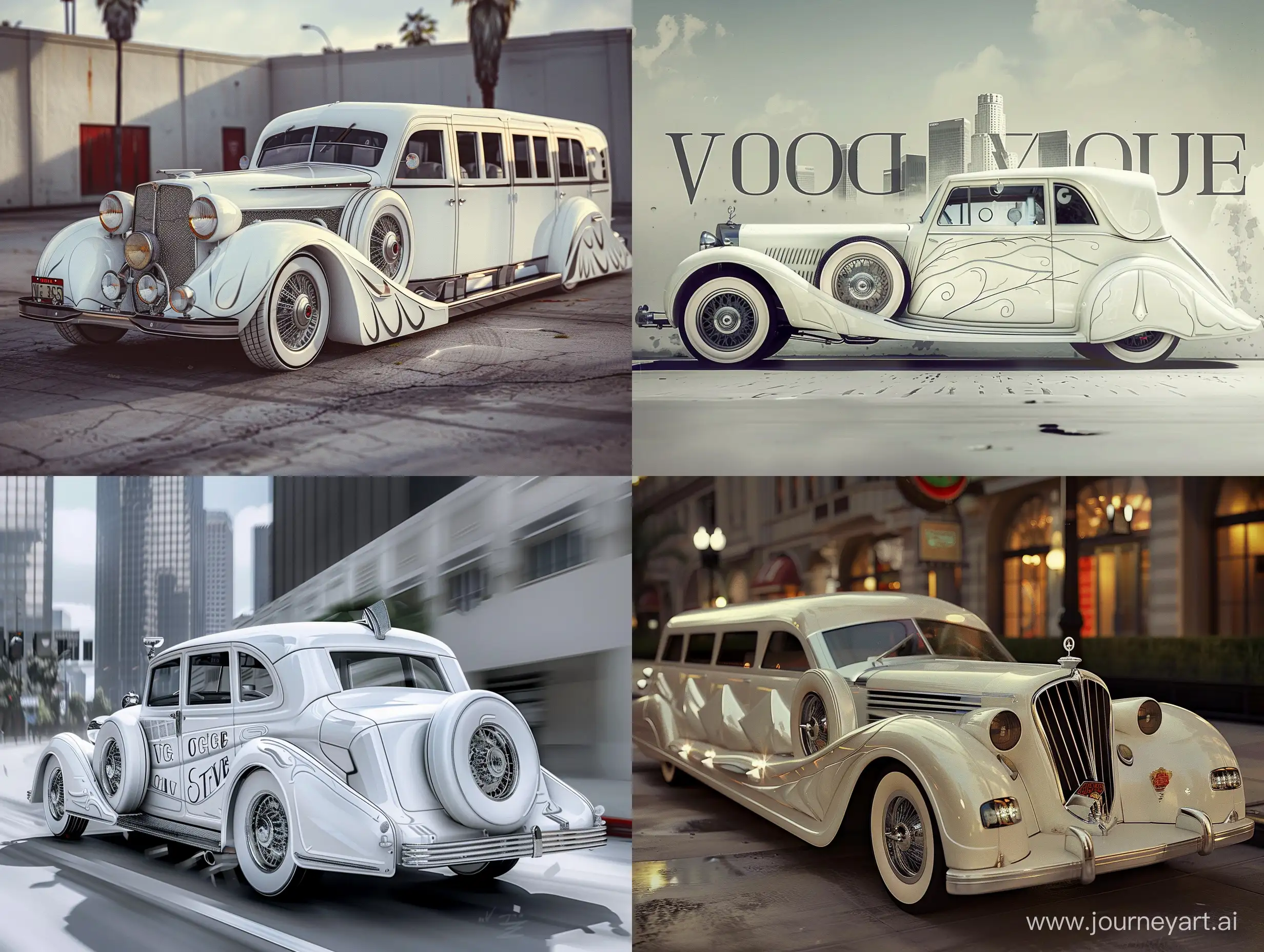 A 40s car with Vogue design, detailed, realistic, photorealistic, real, 30s design and ergonomics, white car, detailed, old, classic, retro, indie, Vogue style, Vogue effect, Los Angeles background, model Limousine, 40s style, 40s look, 30s effect