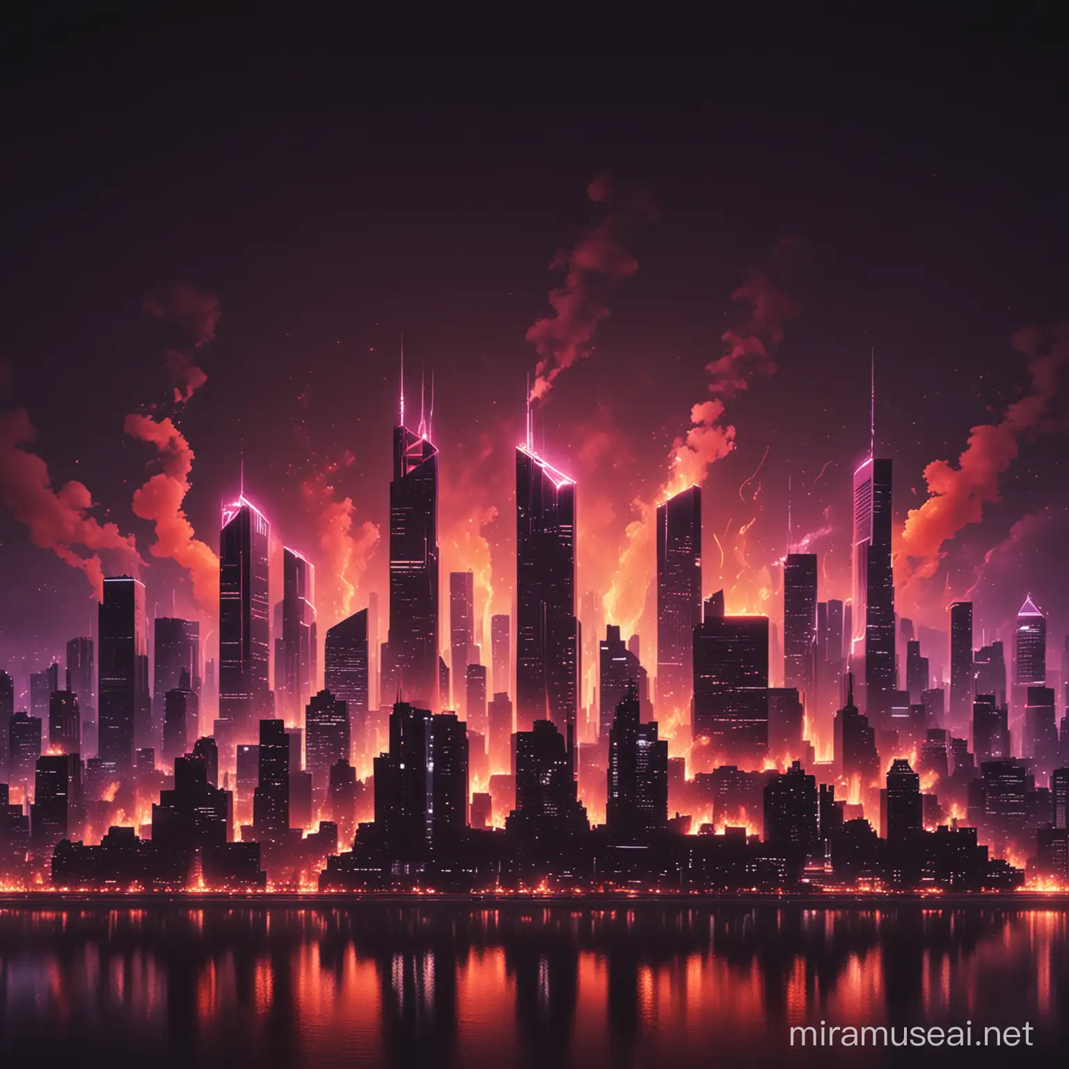 Vibrant Neon City Skyline Illuminated by Cinematic Firelight