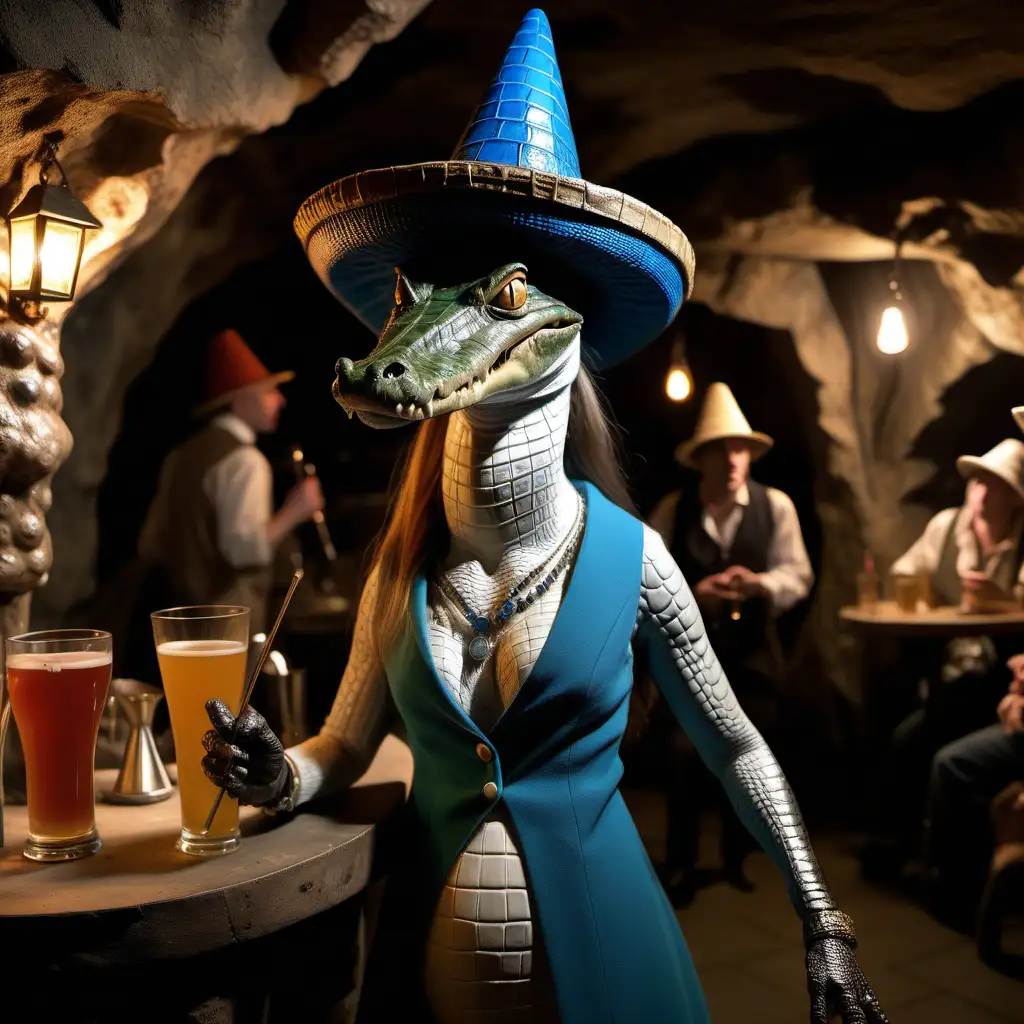 standing alligator, very thin, in an underground jazz club, in a cave,  wearing conical hat, striking, photo realistic, wearing french renaissance clothing, female, long snout, narrow eyes, hair, in a jazz club with other animal creatures eating and drinking, earings, abnormally narrow snout, feminine, long hair, piercing blue eyes