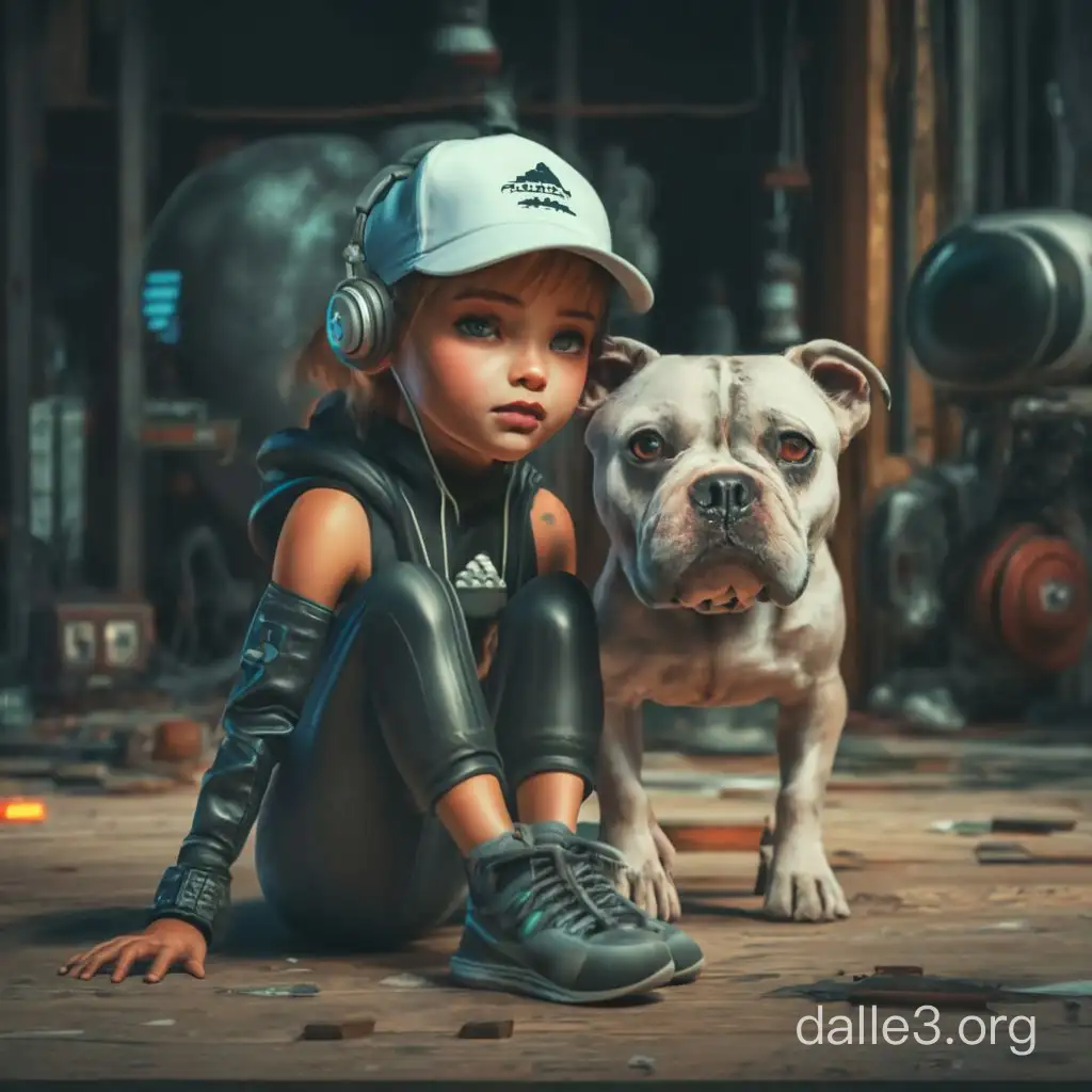 Disney pixar style,a little girl in Adidas sportswear looks into the camera, in a  white Adidas sports cap, headphones,  background(cyberpunk wood) , girl sits on big black dog pit bull breed, a liquid metal style, milky very big eyes, ray tracing, raw character, 32k uhd, schlieren photography, conceptual portrait, wet on wet overlay