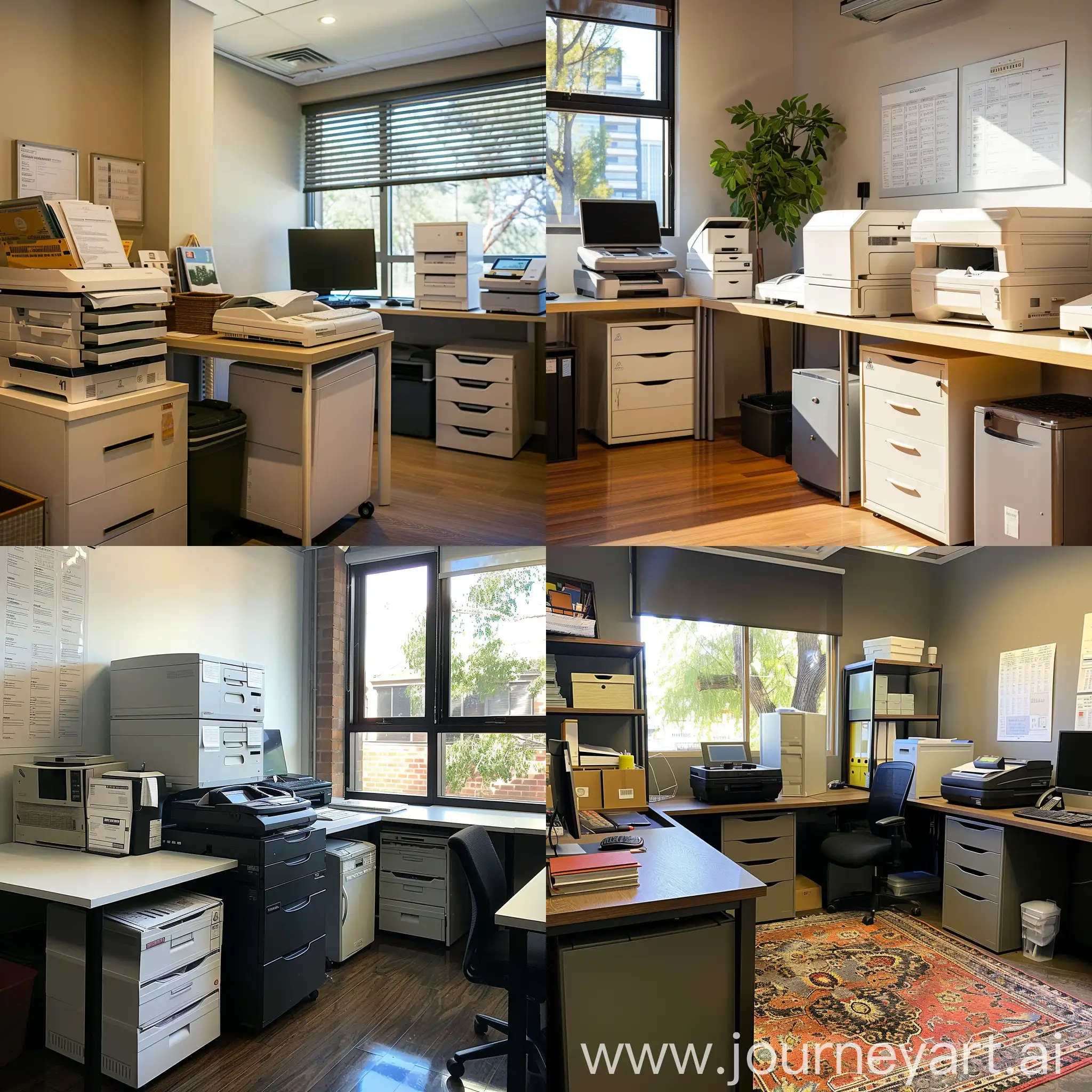 administration office, 2-4 workstations, storage area, photocopier, cozy space, warm colour palette, window, big space
