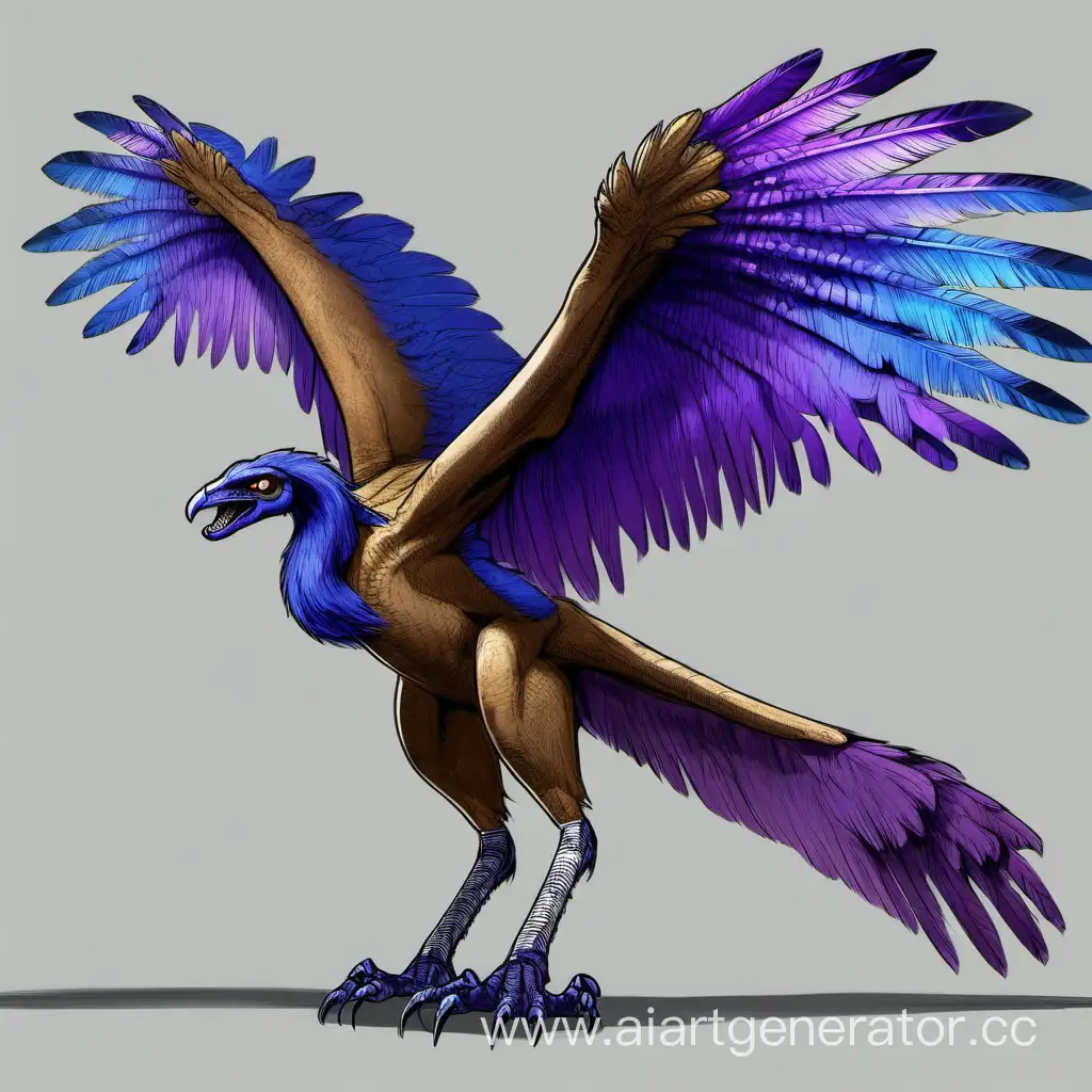 A huge bird-like archaeoraptor of brown color, with blue-purple feathers, large wings, 4 powerful paws.